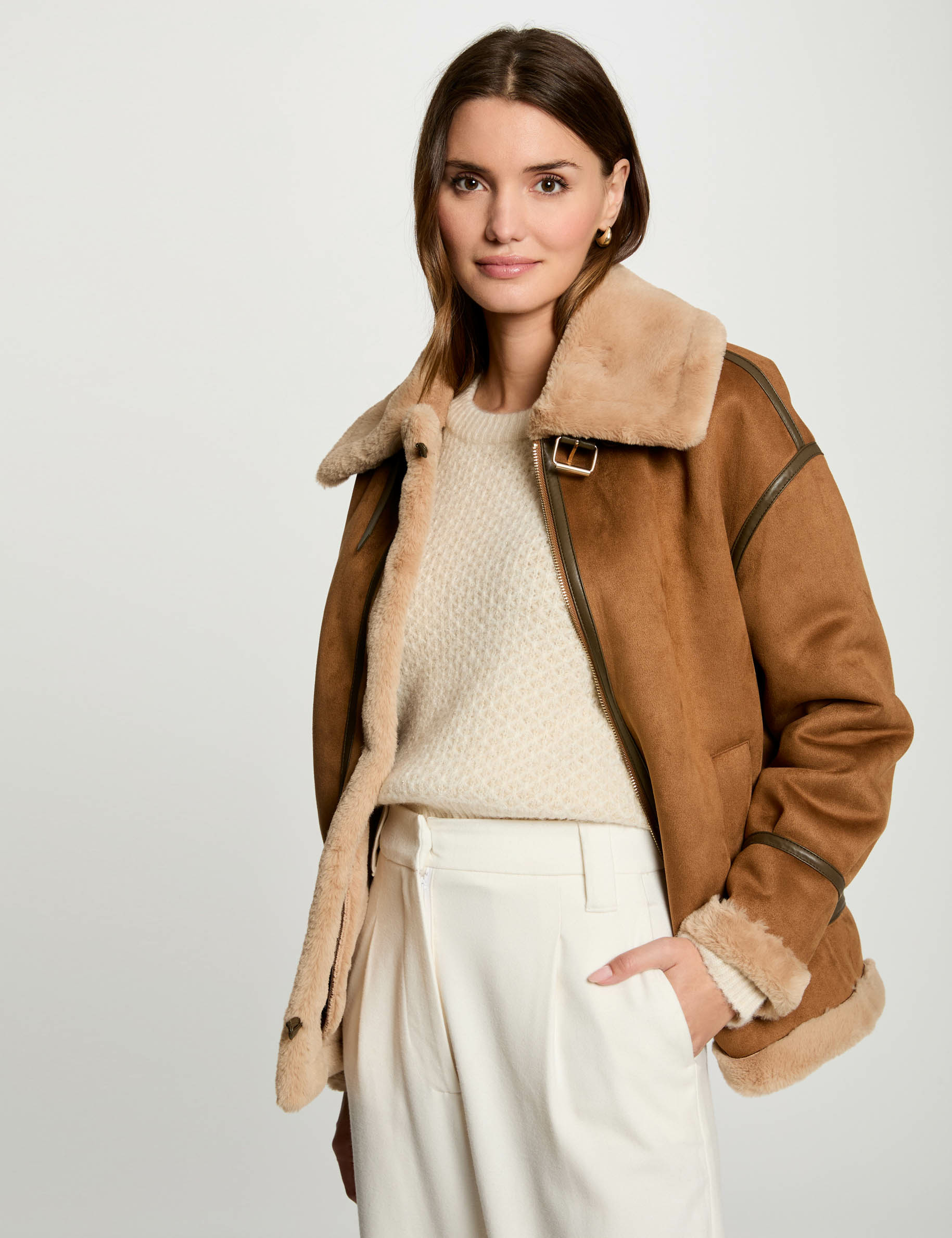 Blouson suédine zippé caramel femme