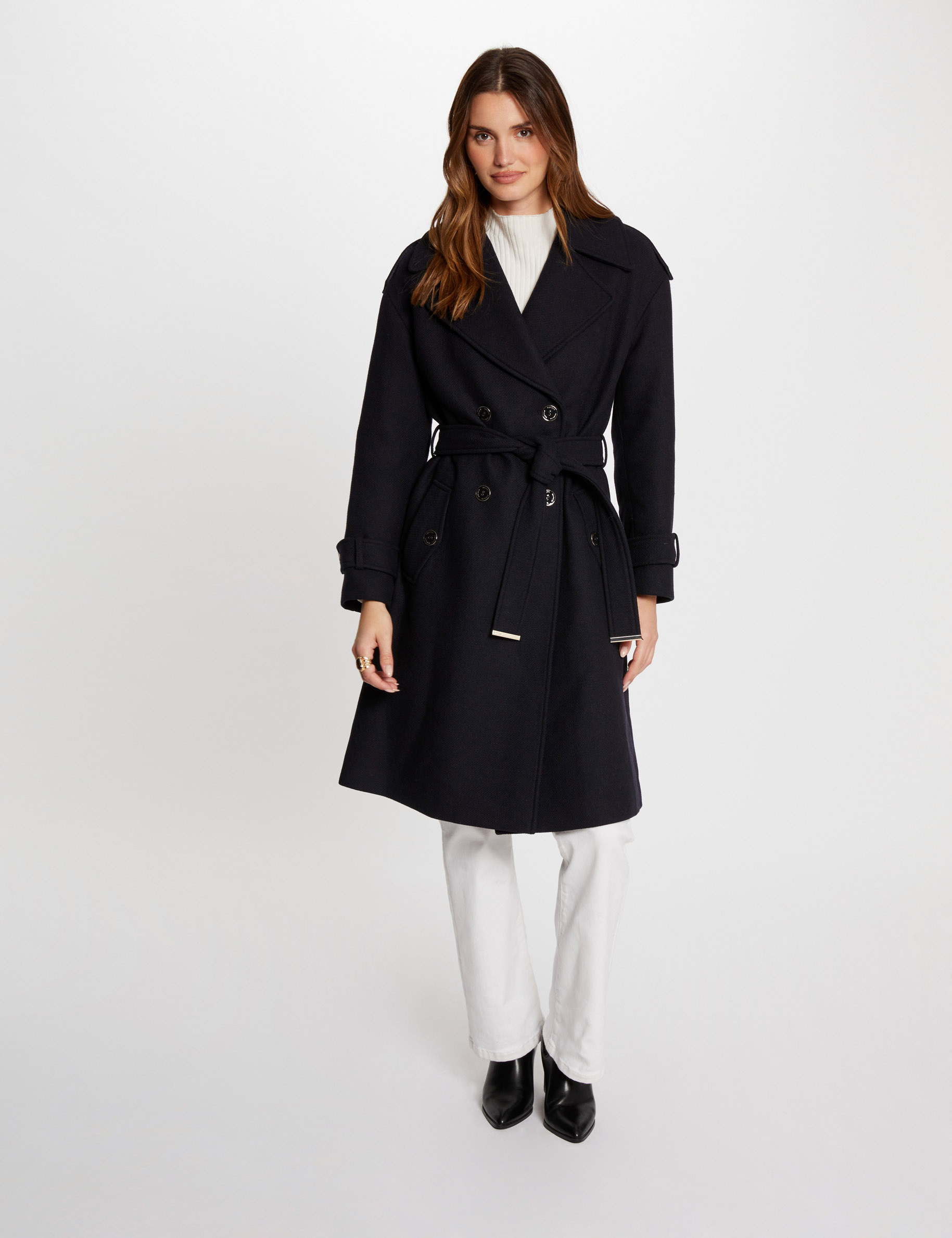 Manteau long ceinturé marine femme