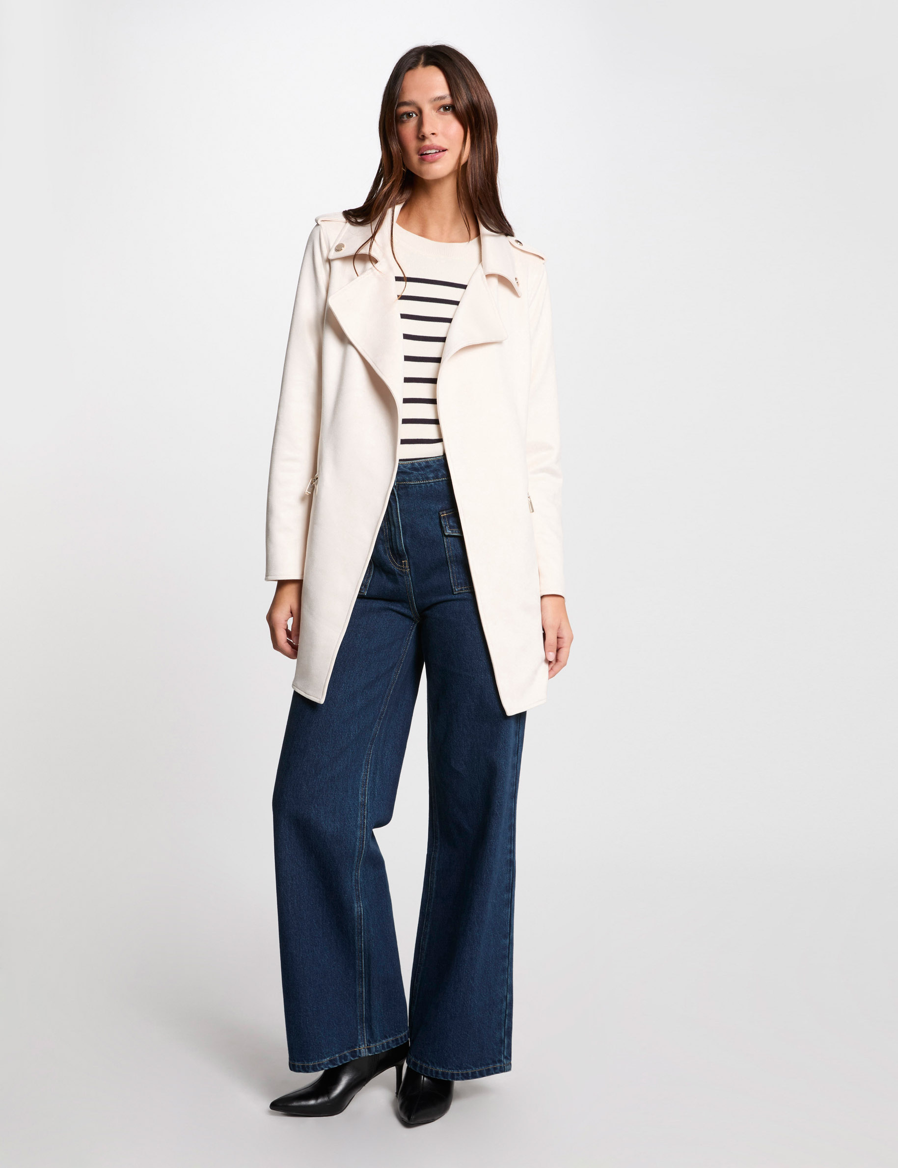 Manteau long ceinturé suédine ivoire femme