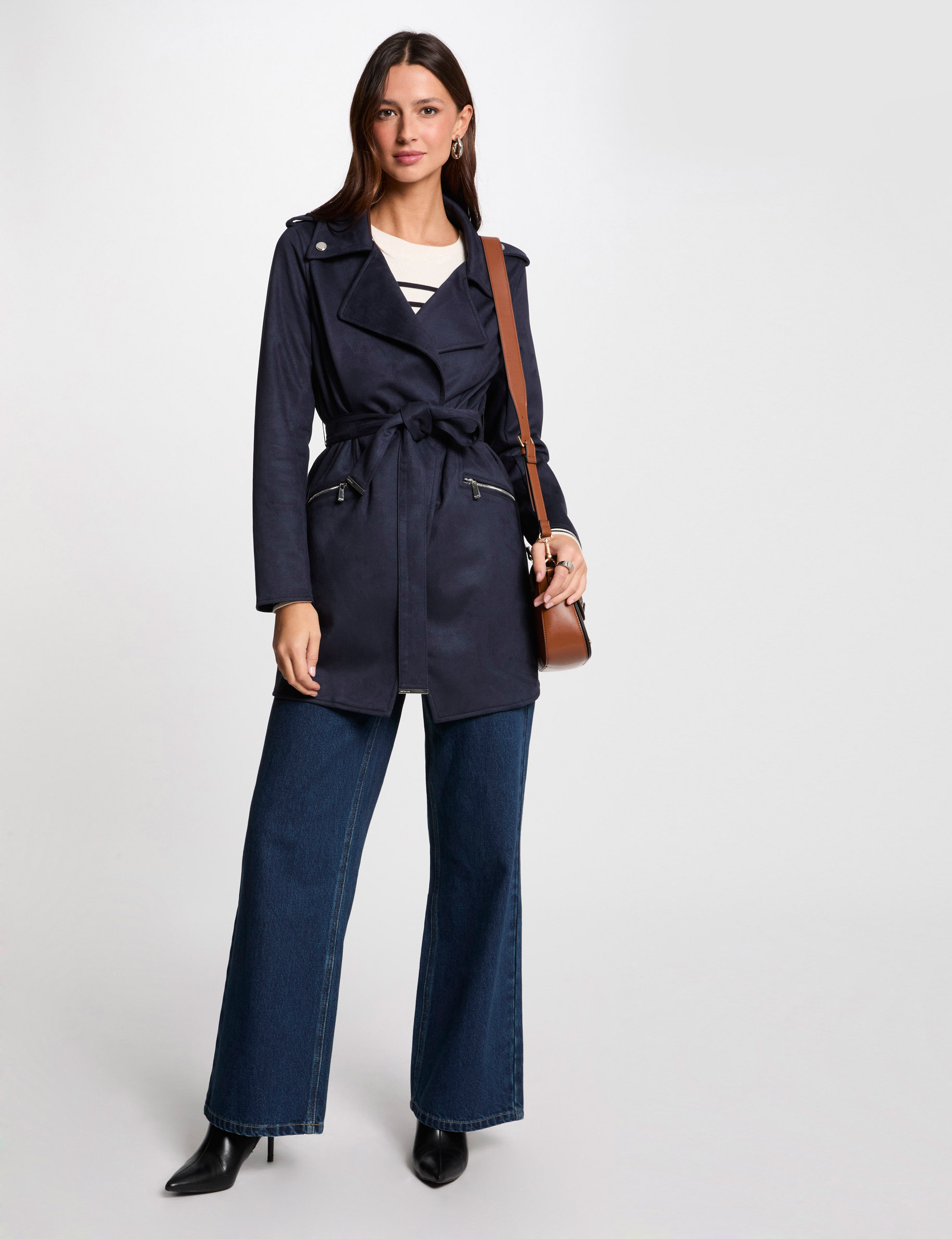 Manteau long ceinturé suédine bleu marine femme