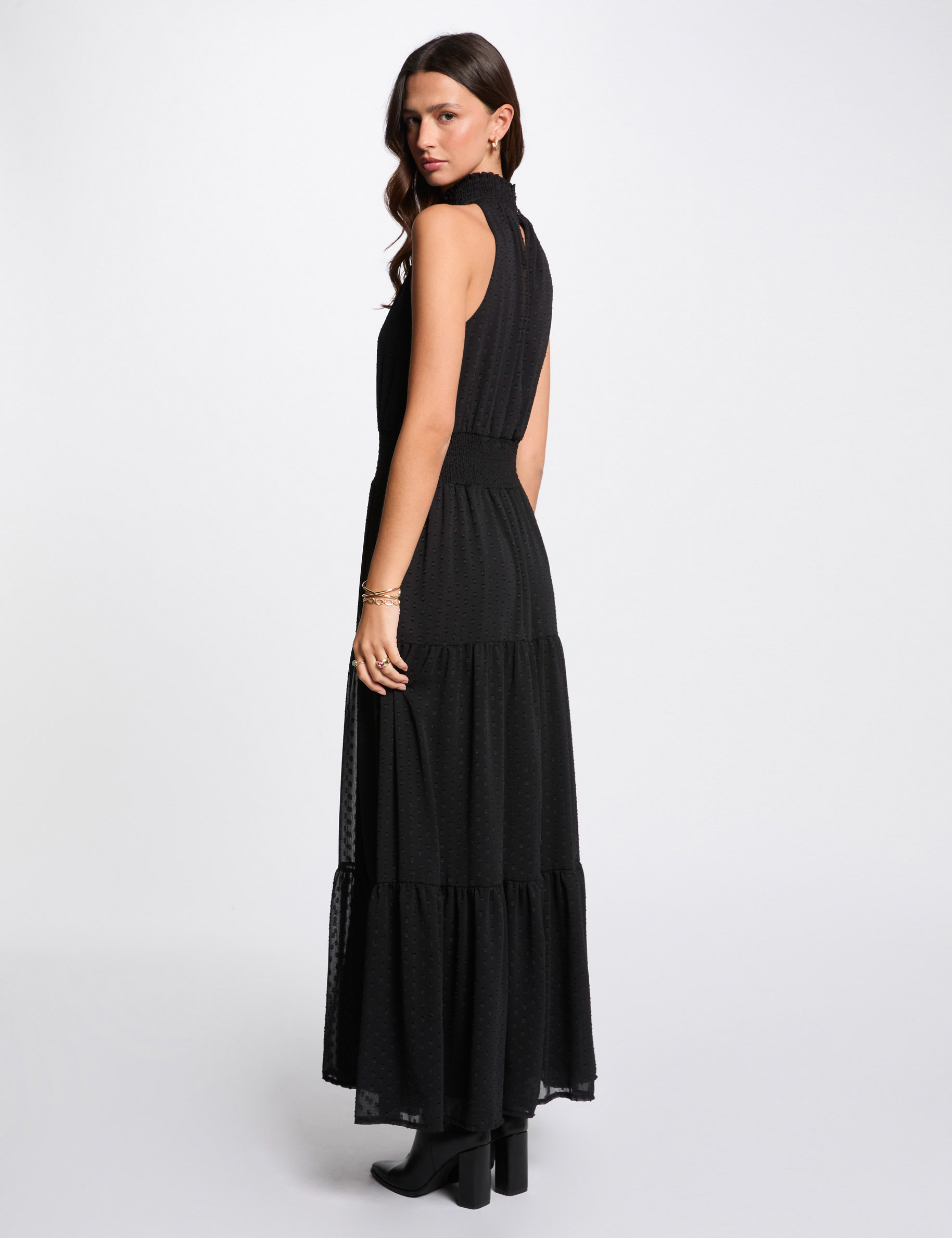 Robe longue droite plumetis noir femme