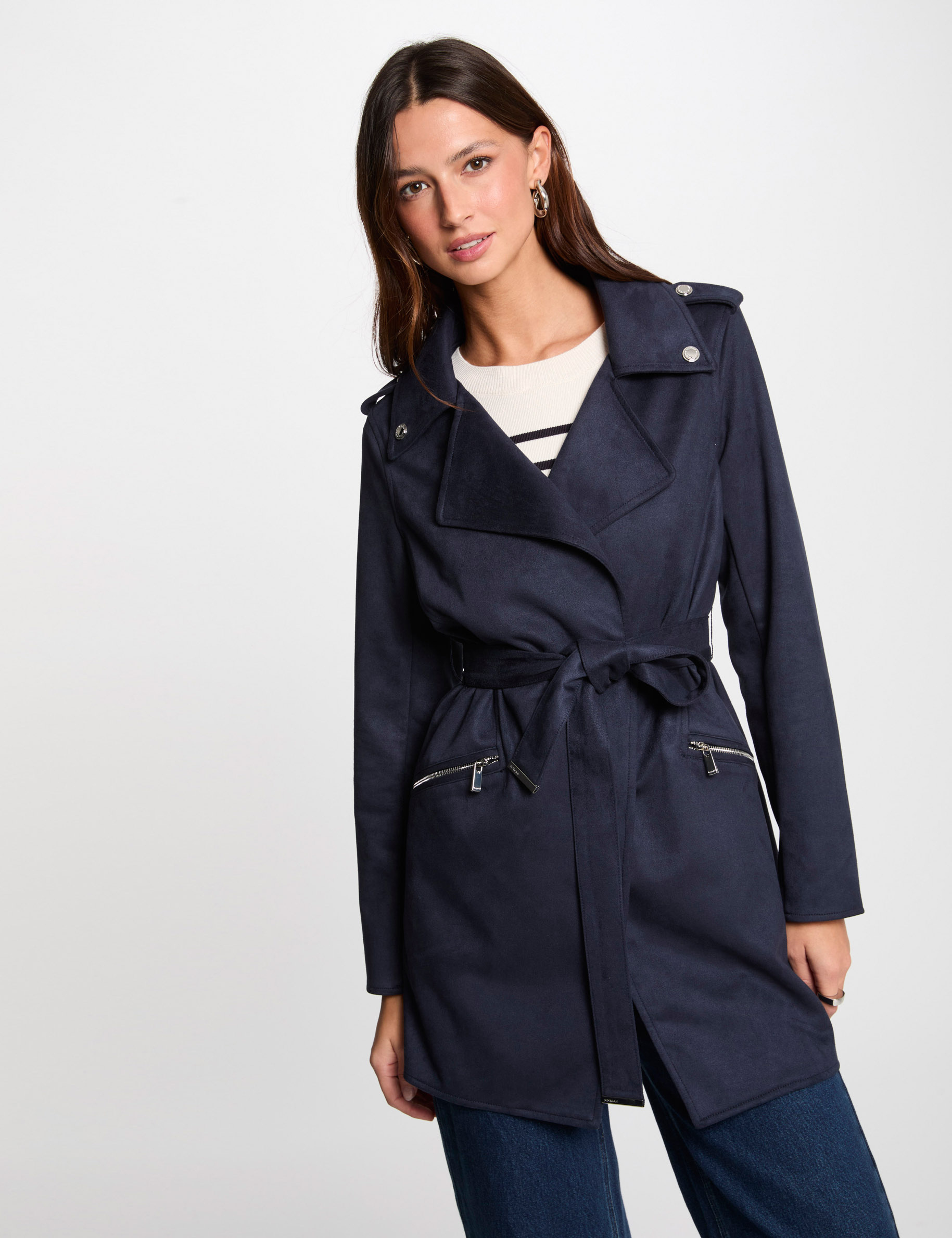 Manteau long ceinturé suédine bleu marine femme