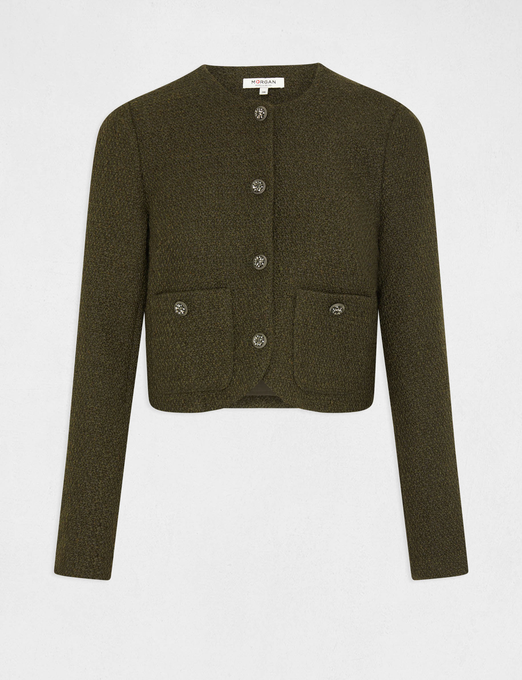 Veste droite boutonnée avec col rond vert fonce femme