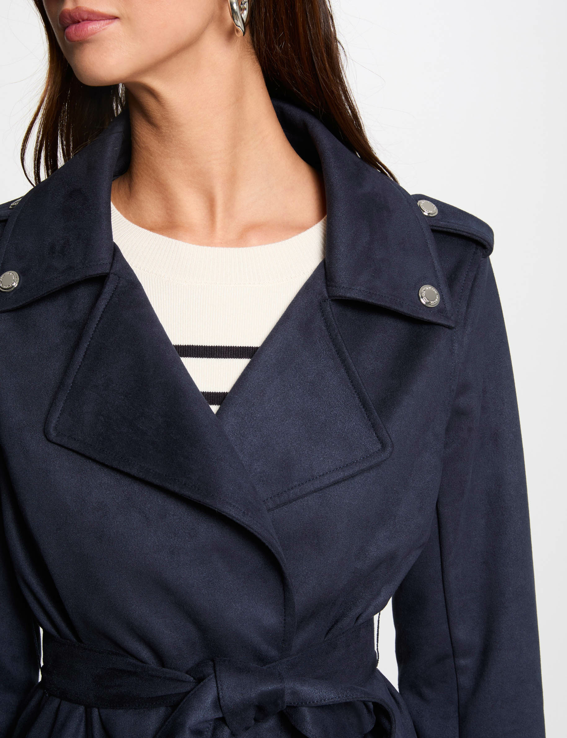 Manteau long ceinturé suédine bleu marine femme