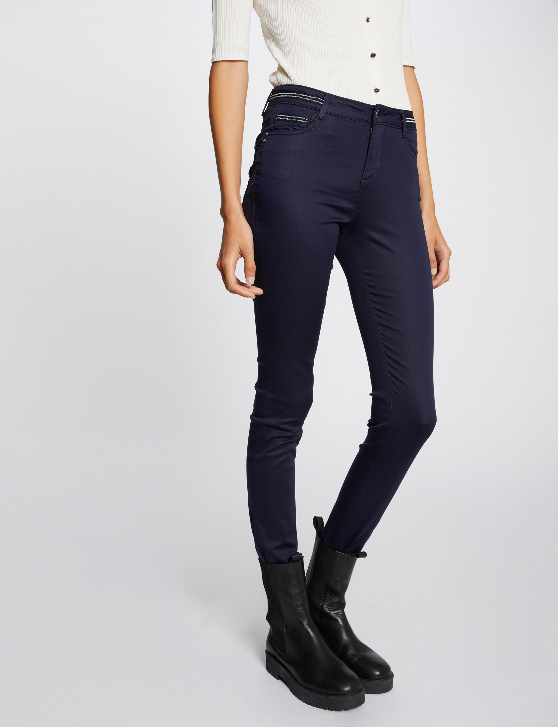 Pantalon slim enduit marine femme