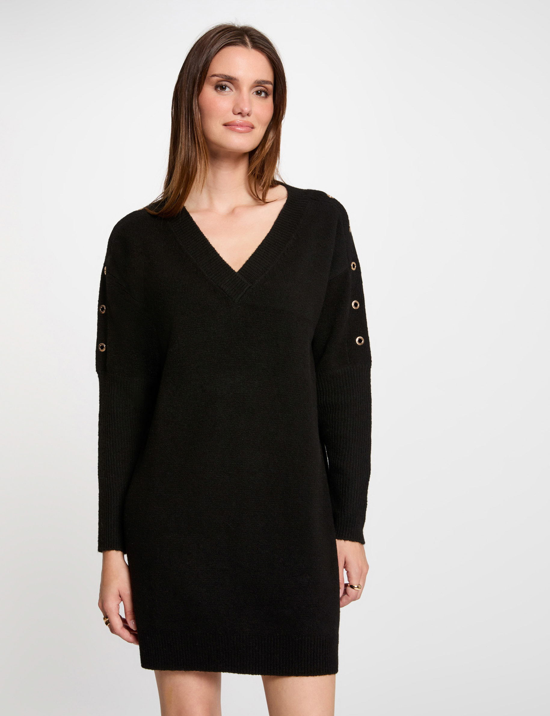 Robe tricot droite à oeillets noir femme