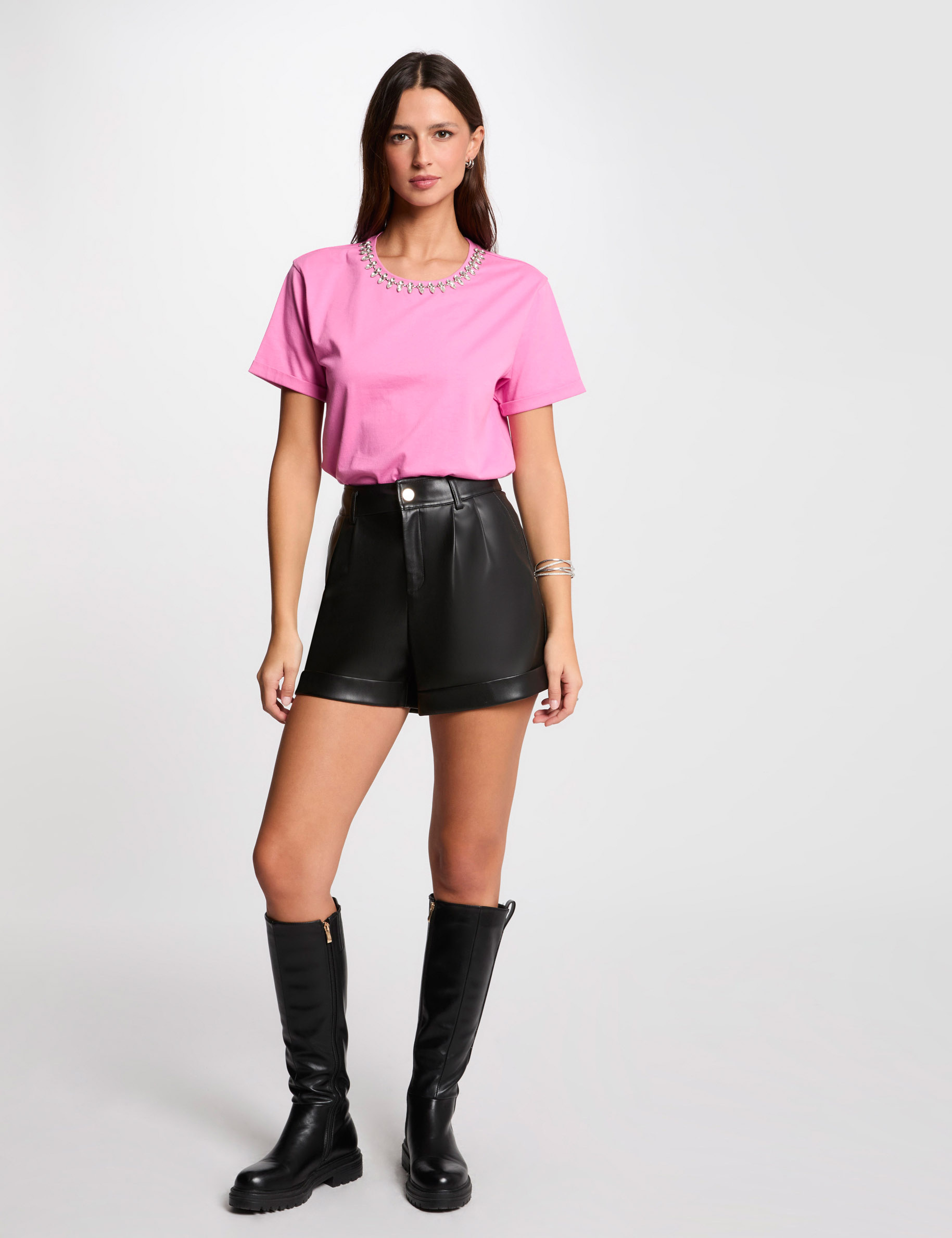 T-shirt manches courtes bijoux rose femme