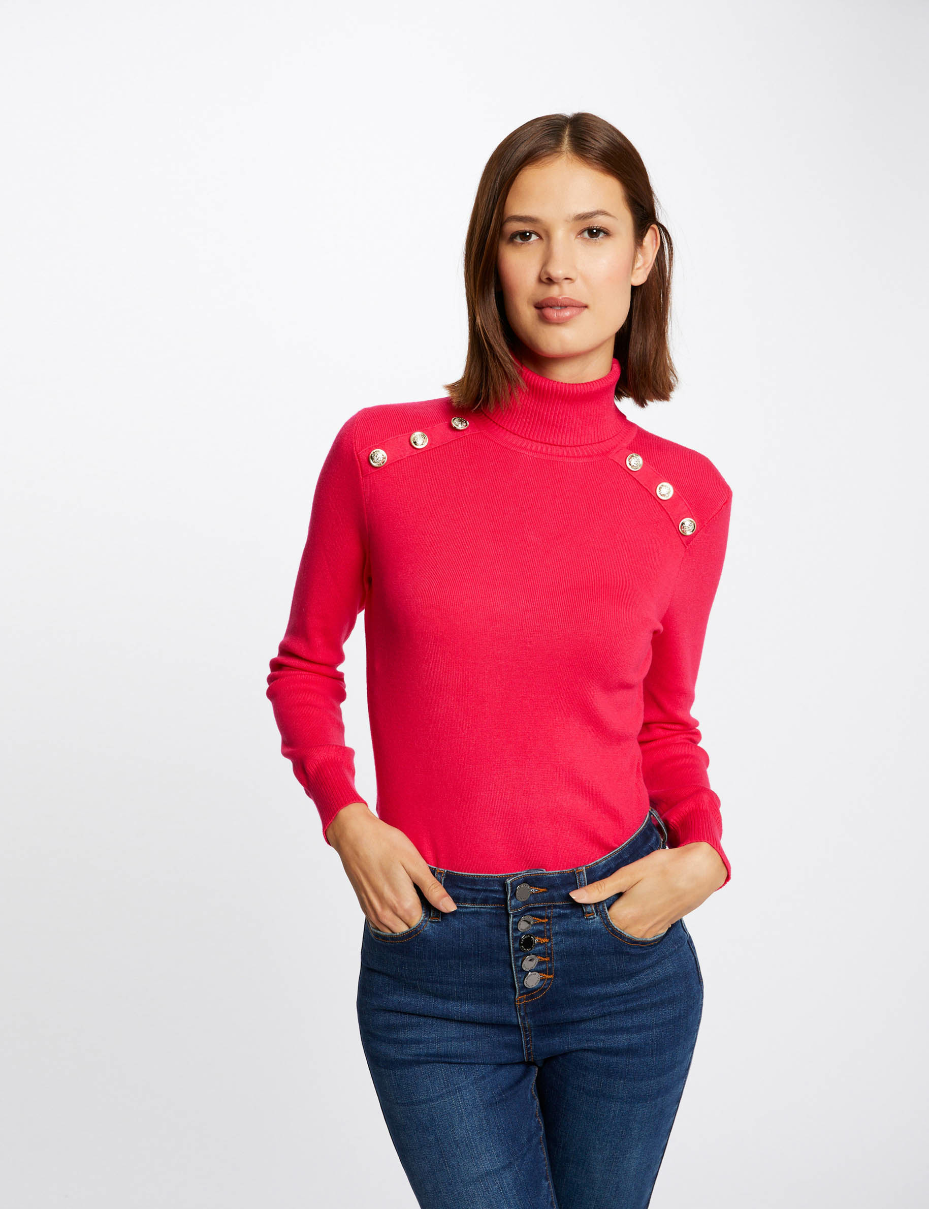 Pull manches longues à col roulé framboise femme