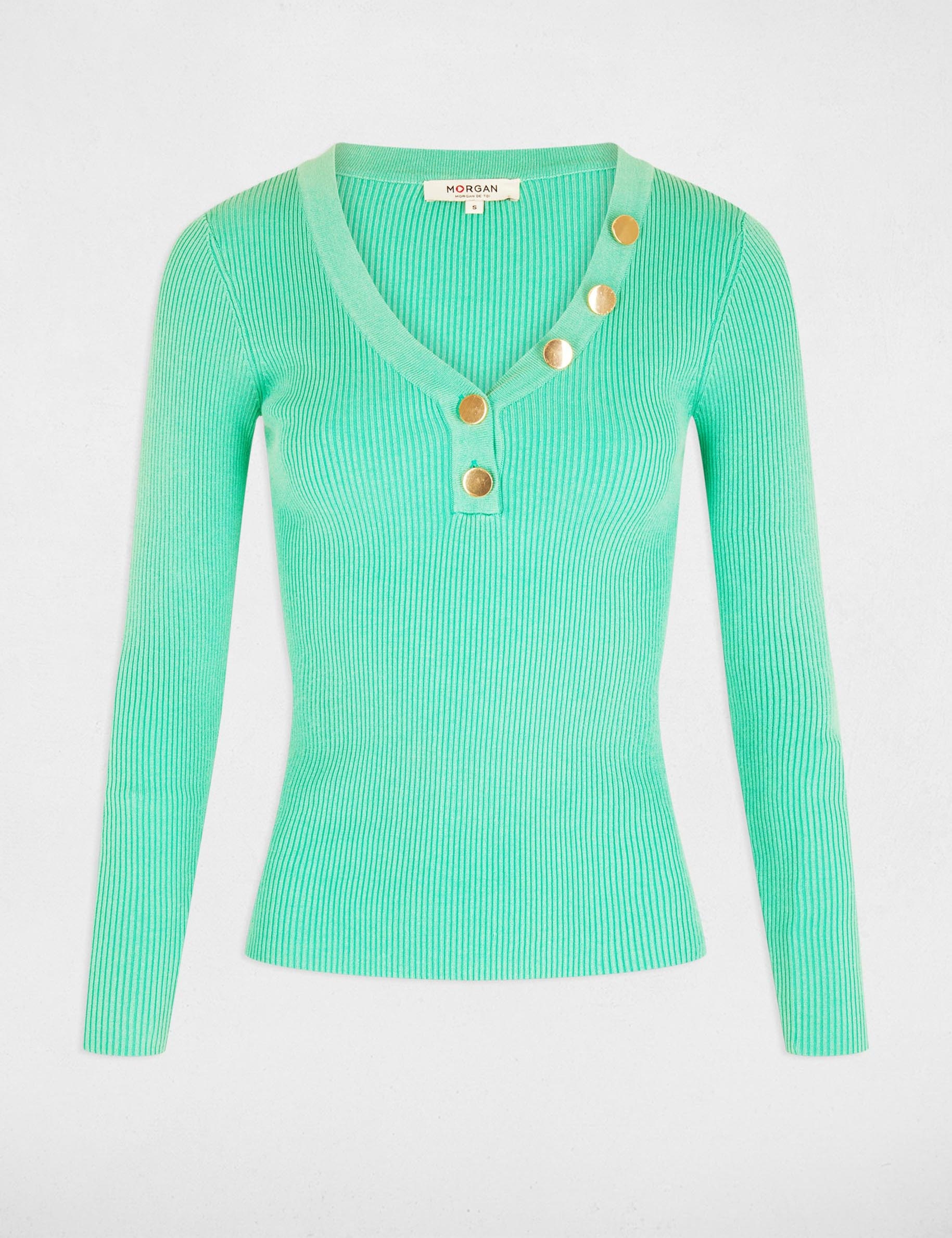 Pull manches longues boutons vert menthe femme