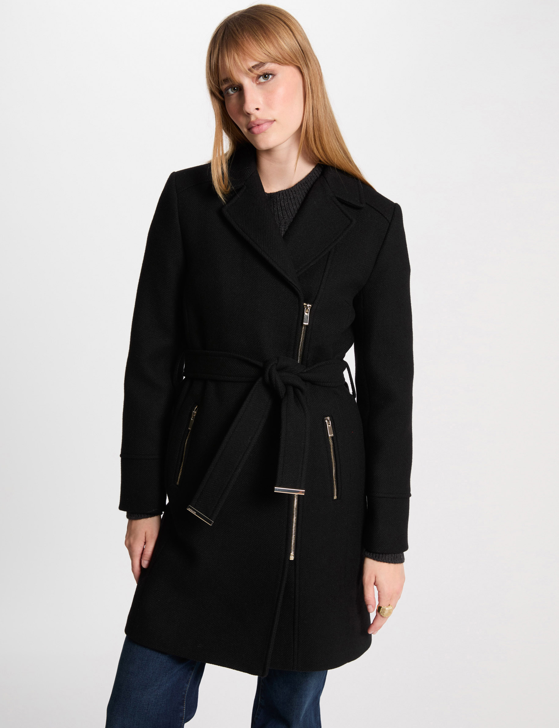 Manteau long ceinturé noir femme