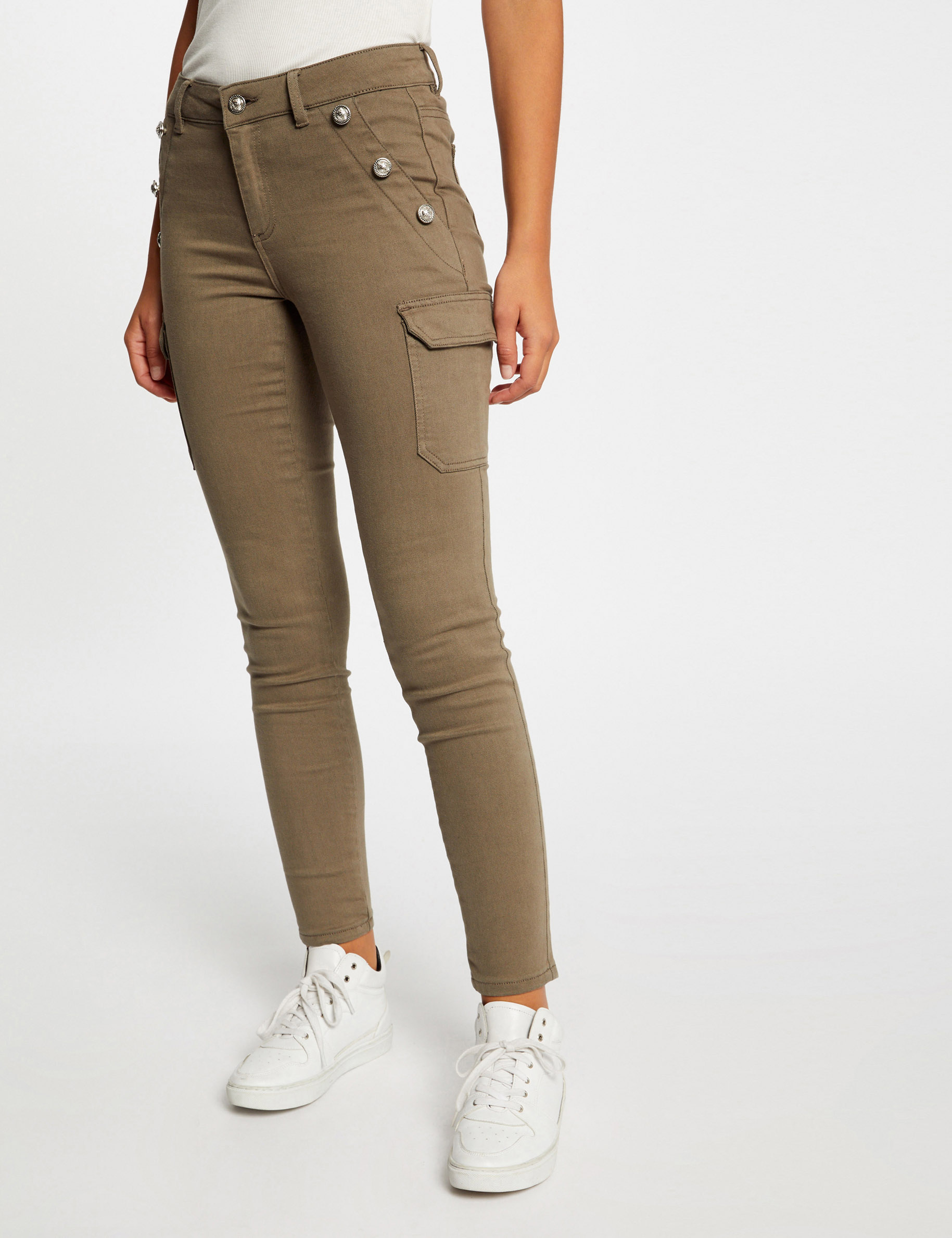 Jeans cargo skinny à ponts vert kaki femme