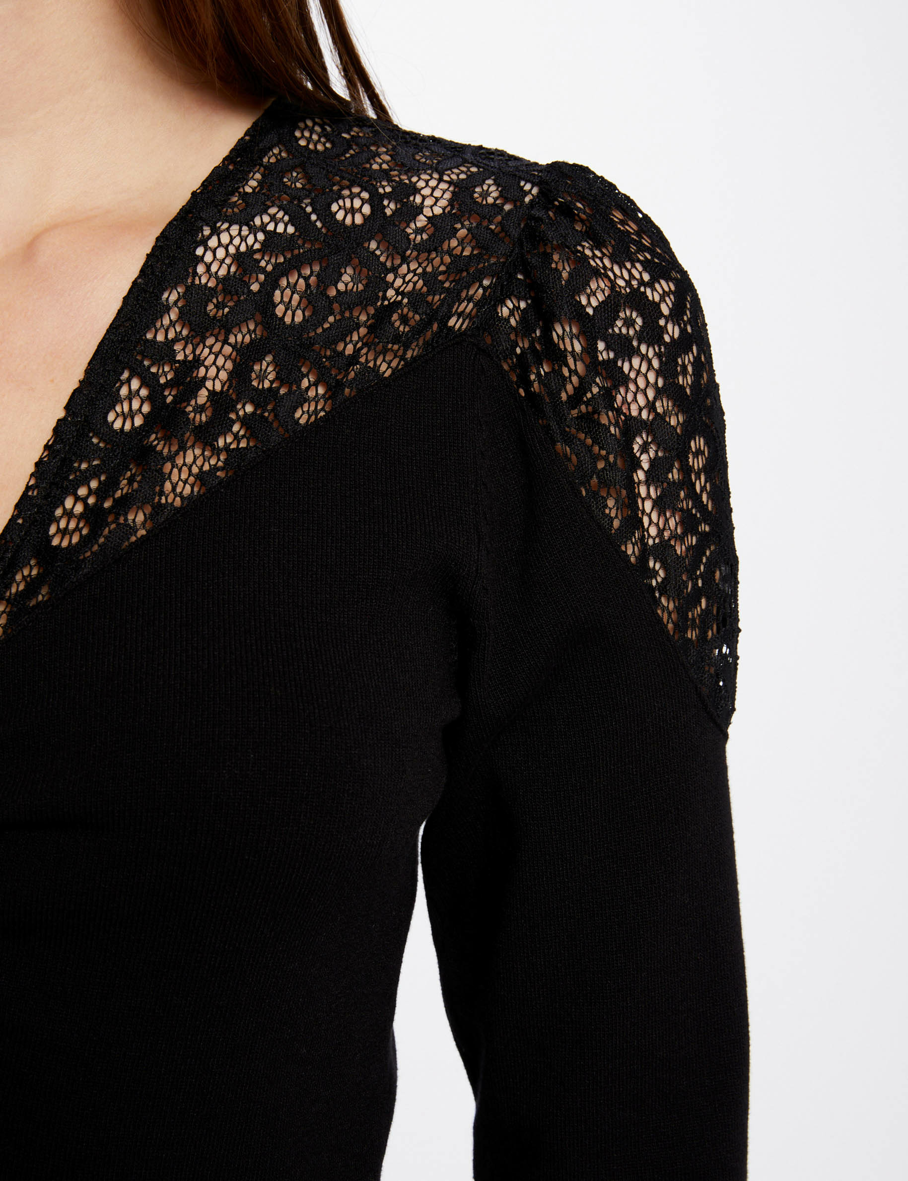 Pull manches longues à dentelle noir femme