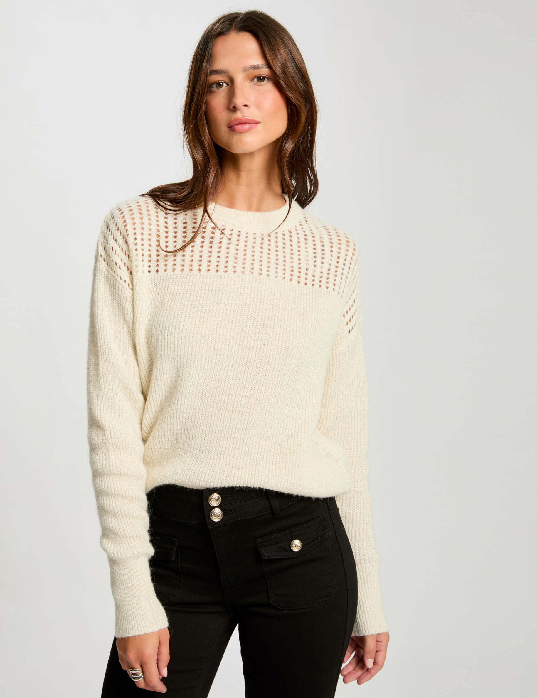 Pull col rond détails ajourés ivoire femme