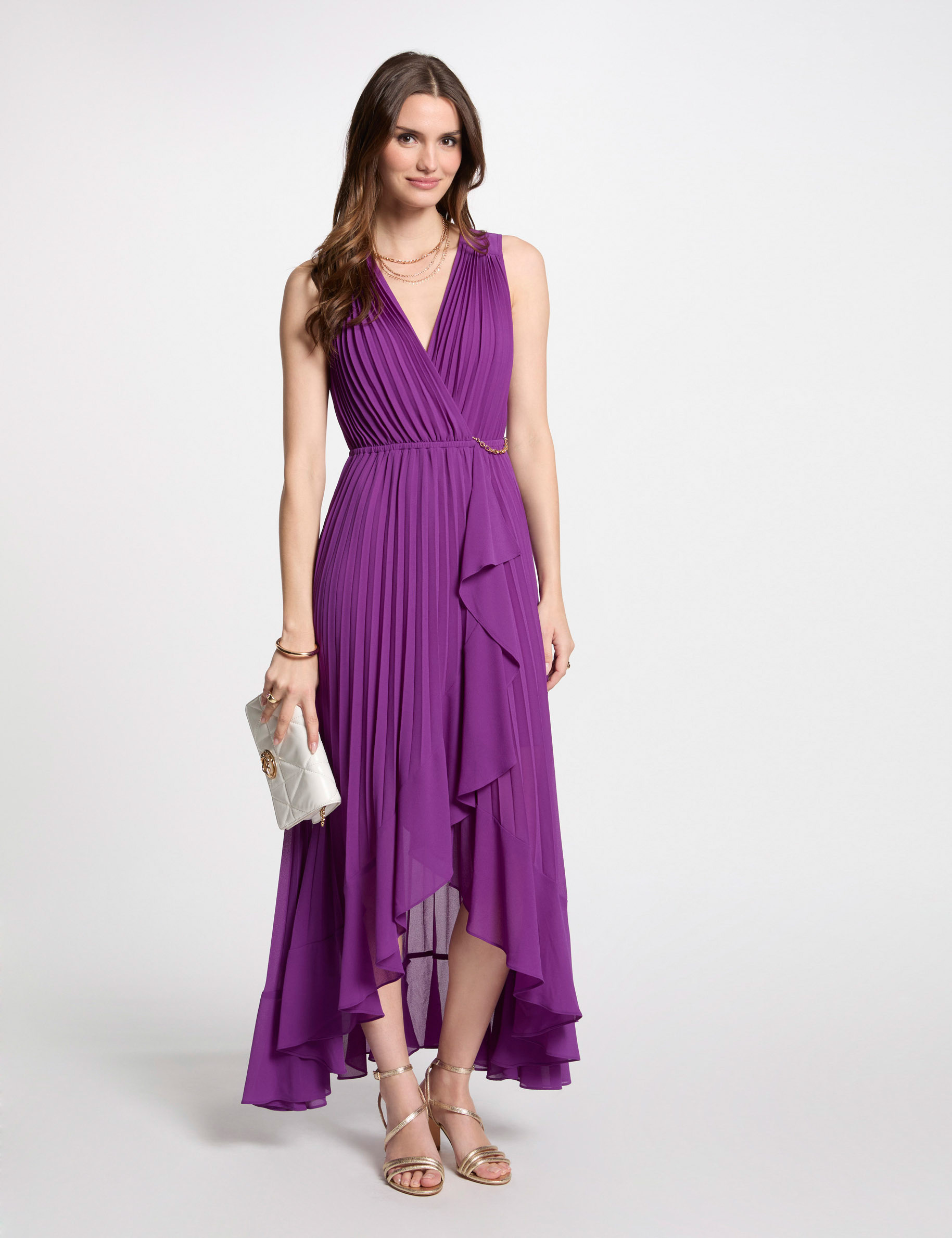 Robe longue fluide plissée violet femme