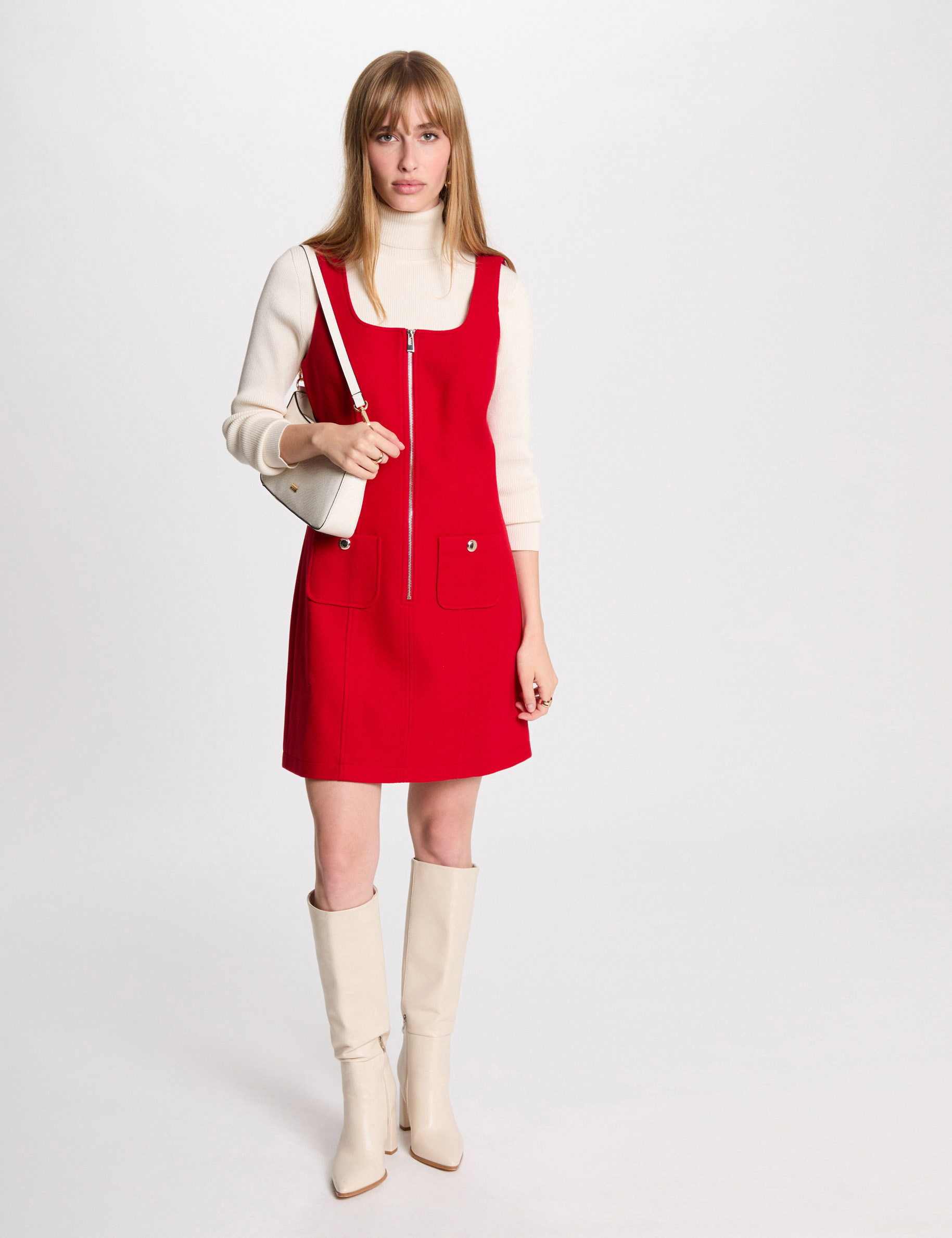 Robe courte chasuble zippée rouge femme