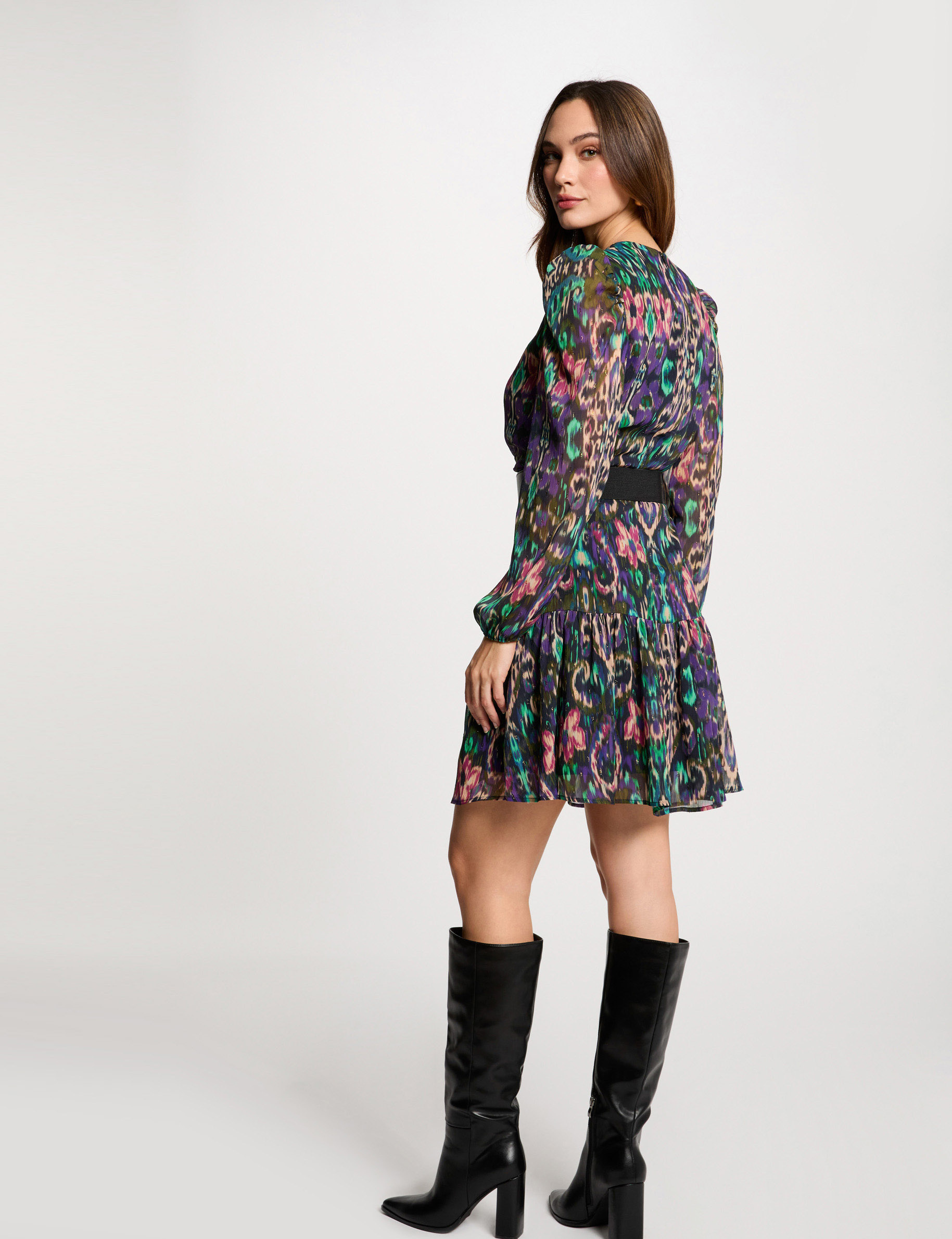 Robe courte évasée imprimée multicolore femme