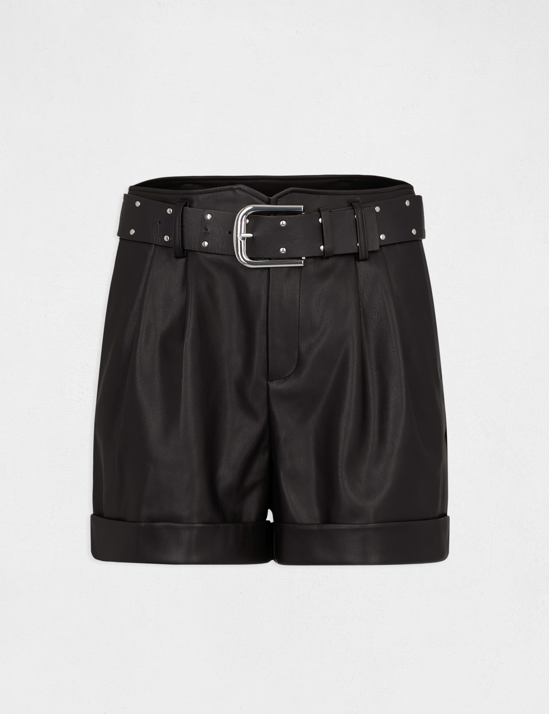 Short droit taille haute ceinturé noir femme