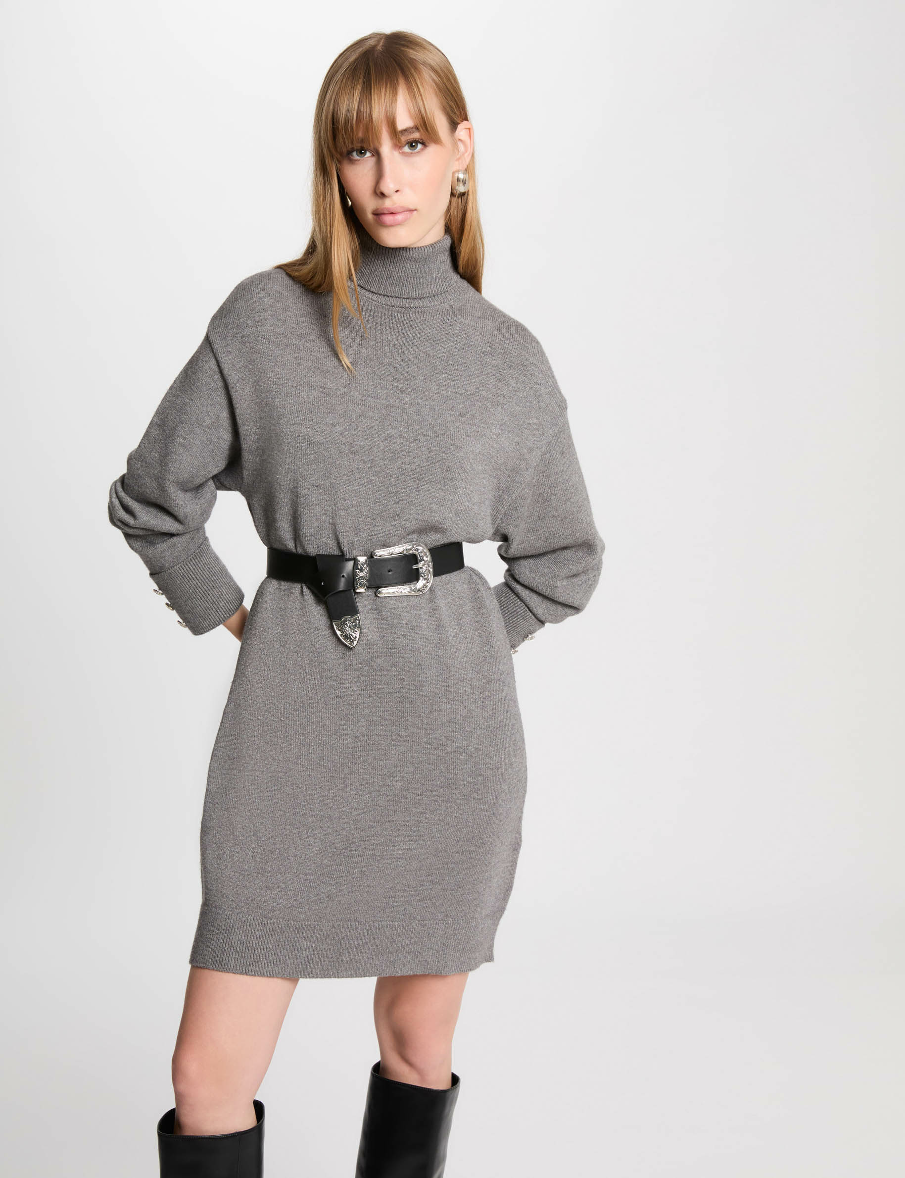 Robe tricot courte droite gris clair femme