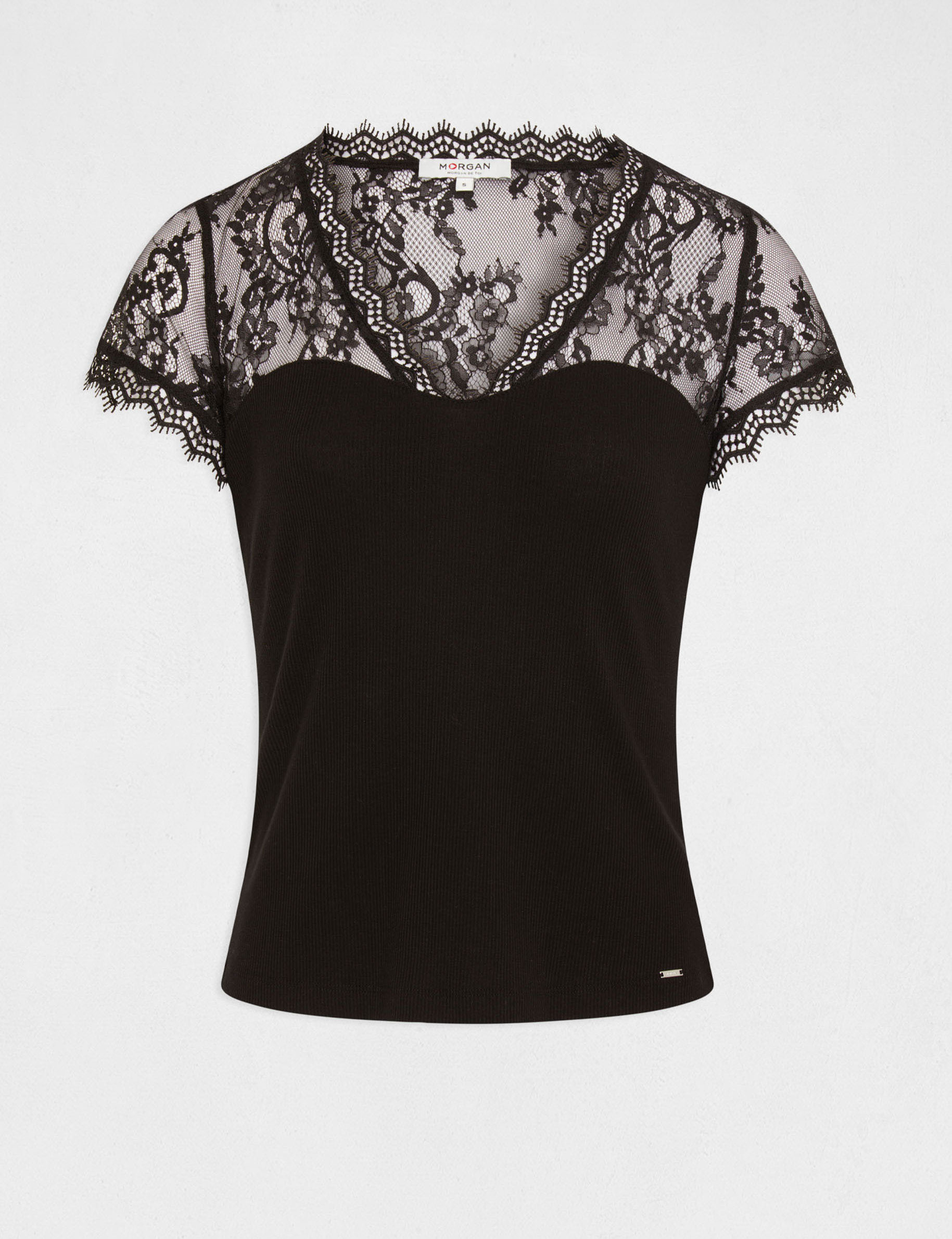 T-shirt manches courtes à dentelle noir femme