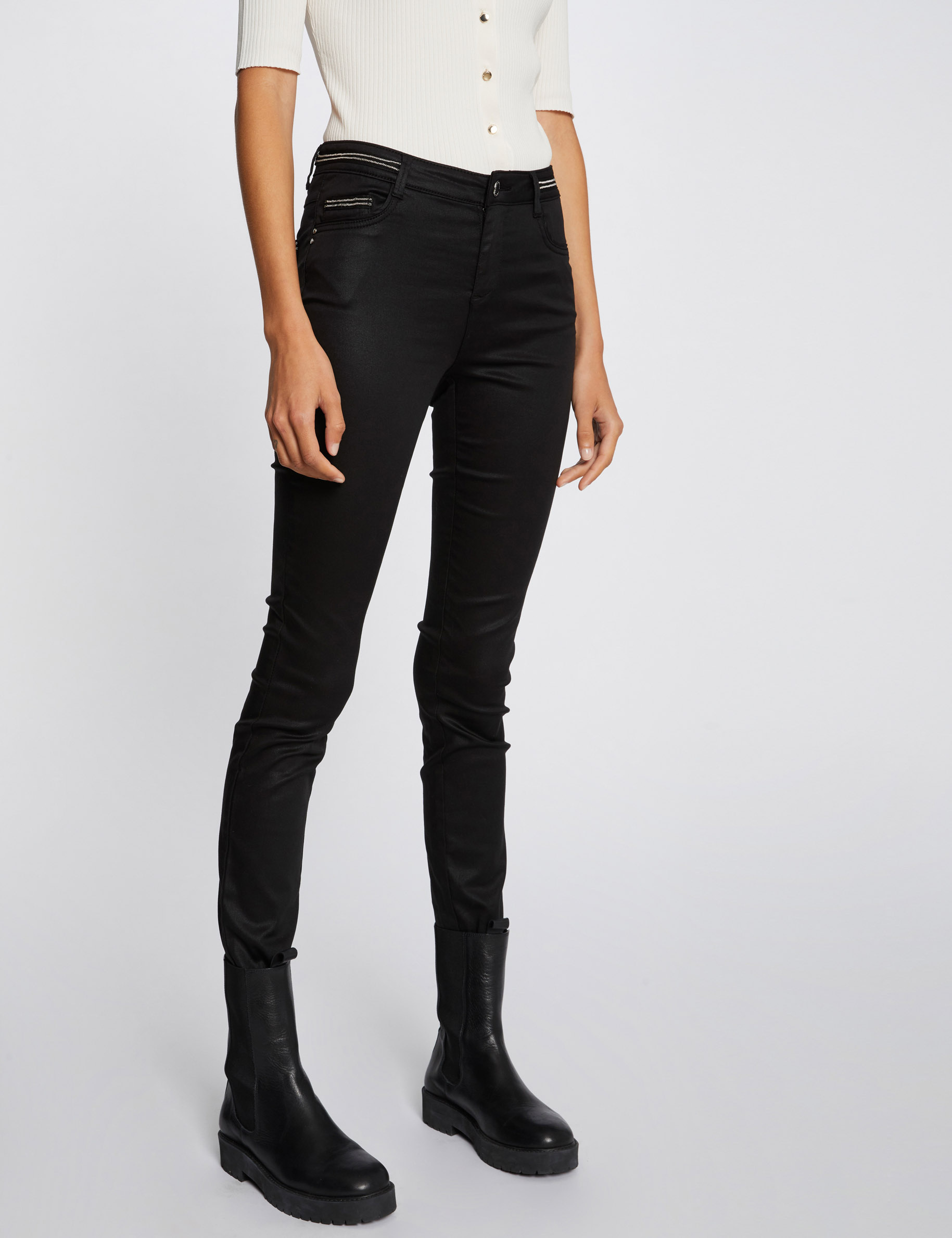 Pantalon slim enduit noir femme