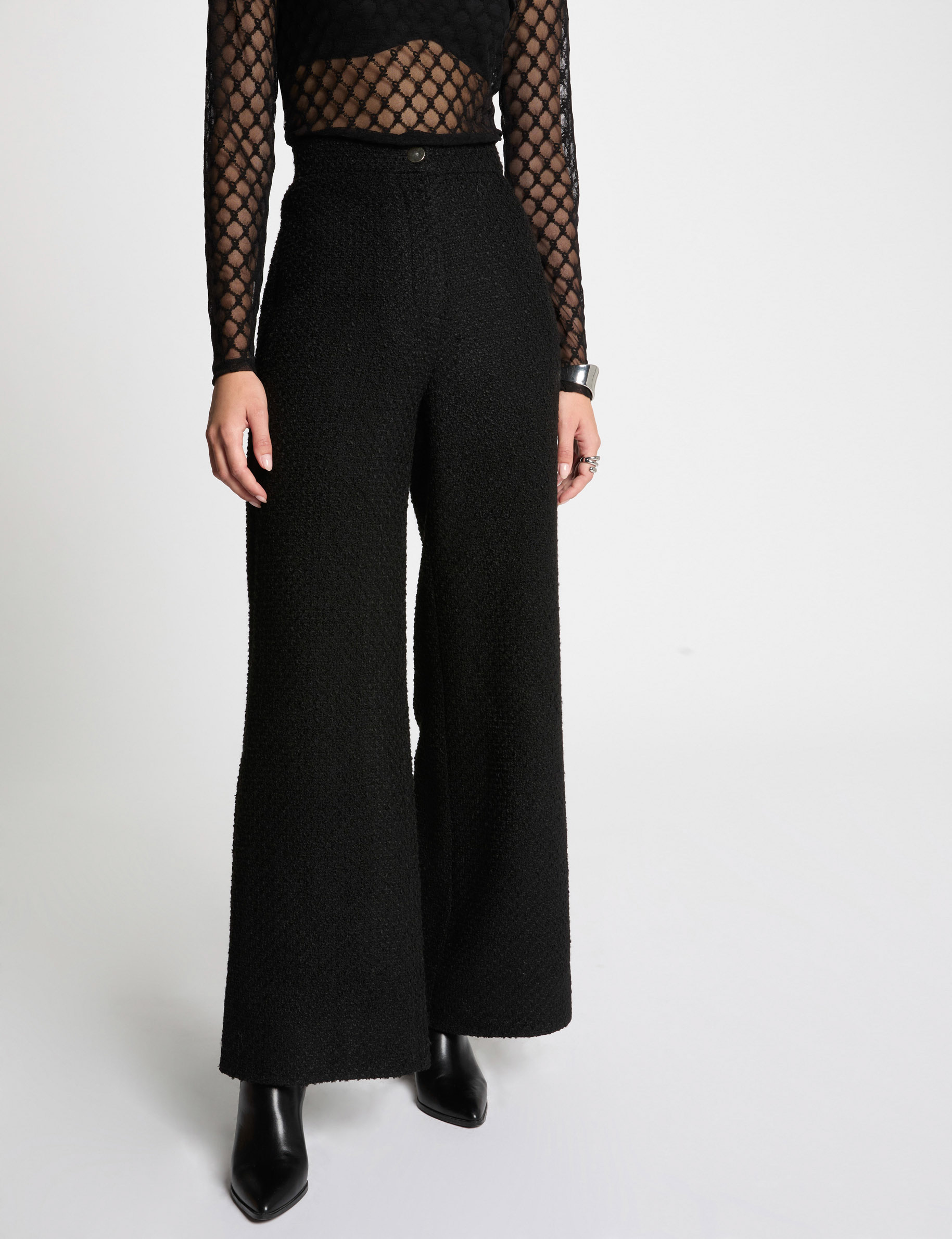 Weit geschnittene Hose aus Tweed schwarz damen