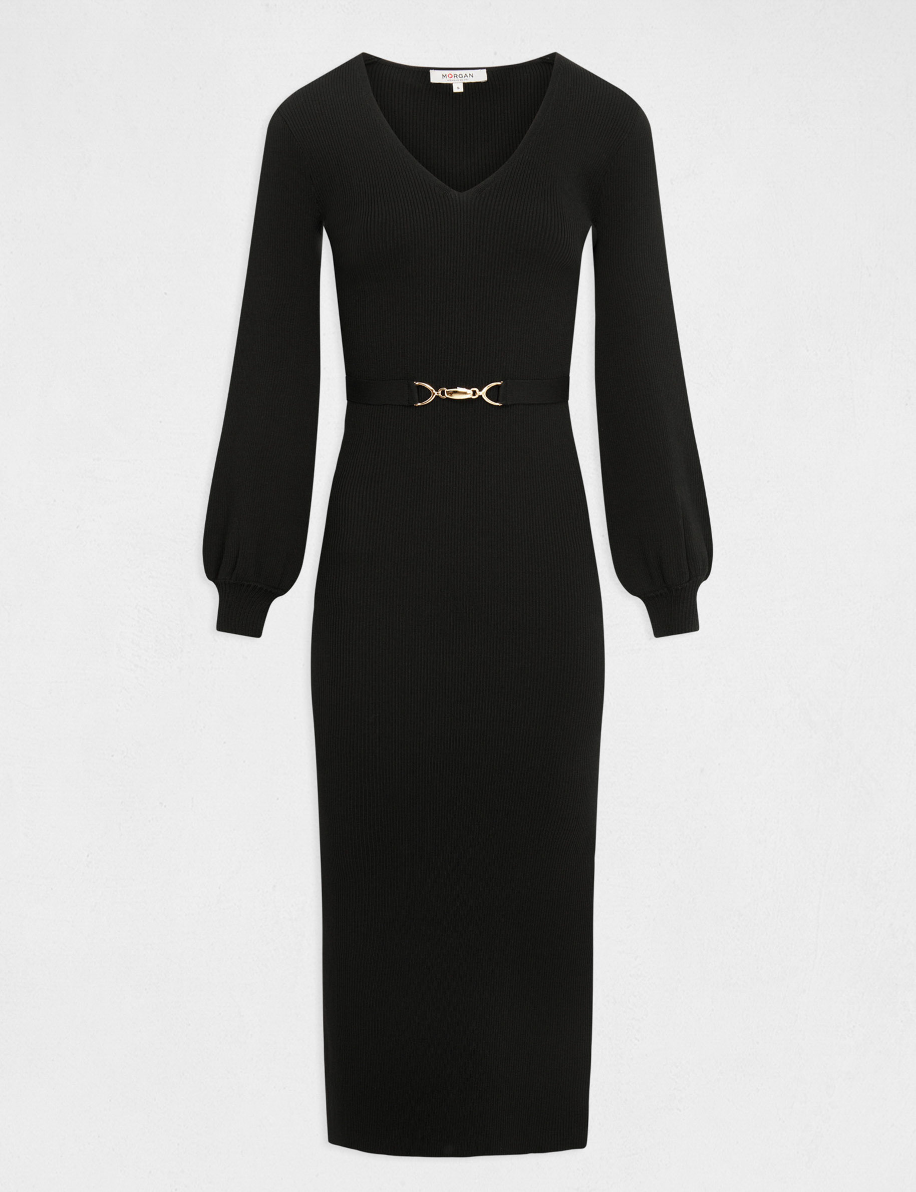 Robe pull longue ajustée à ornement noir femme