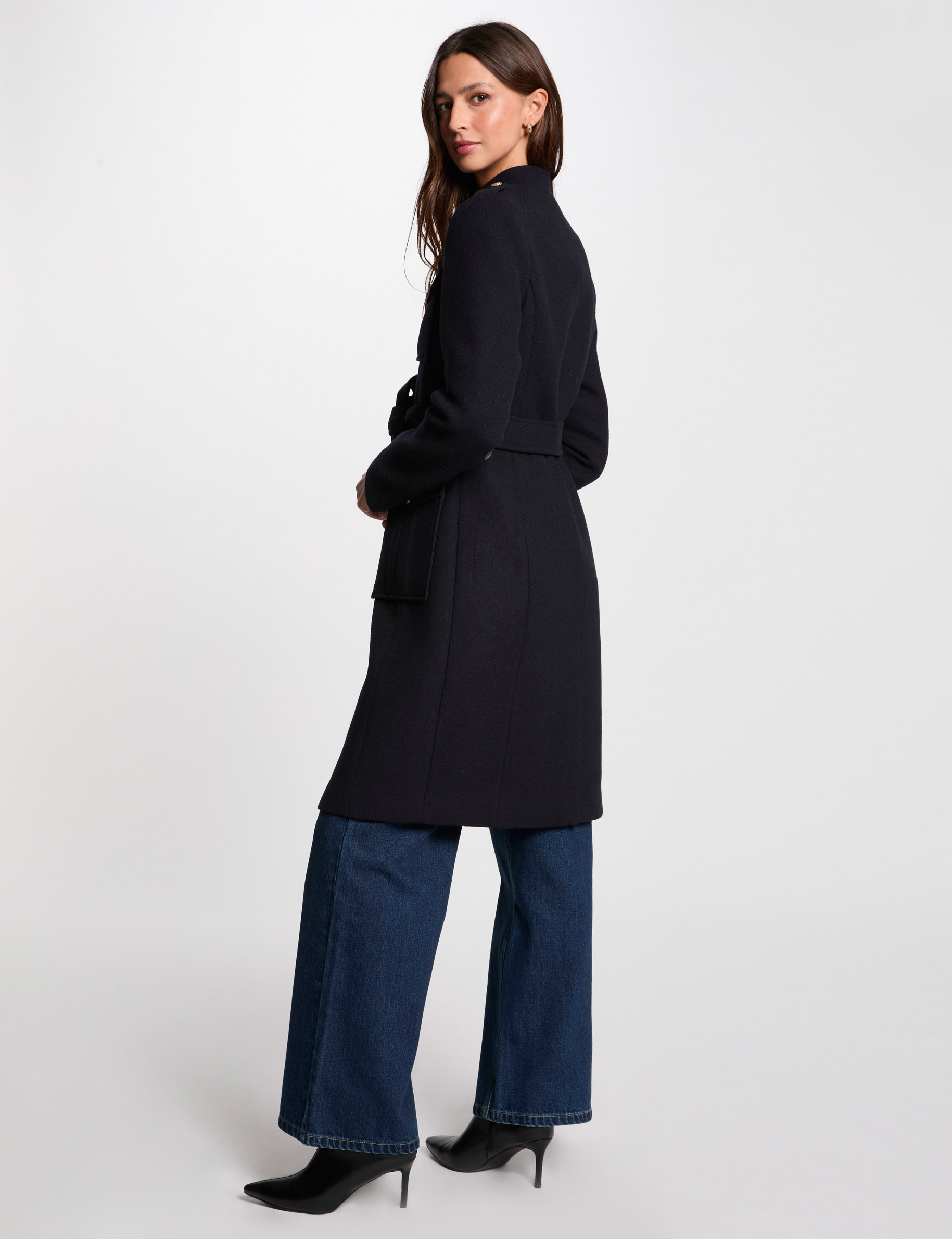 Manteau long ceinturé bleu marine femme