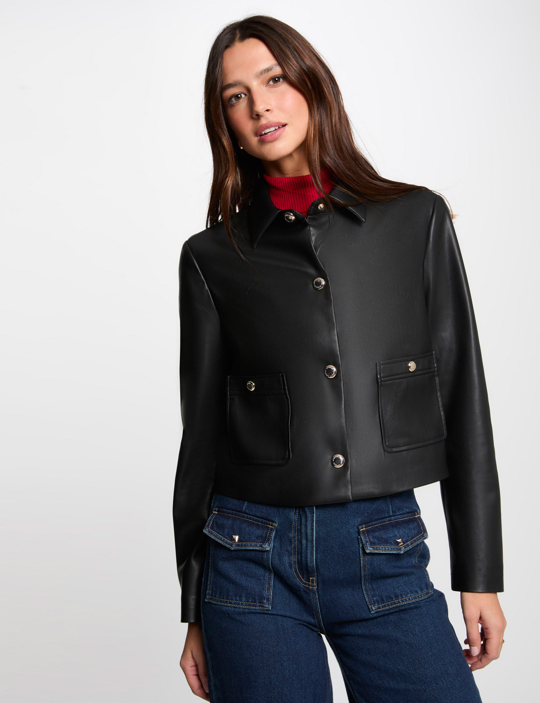 Kurze Kunstlederjacke schwarz damen