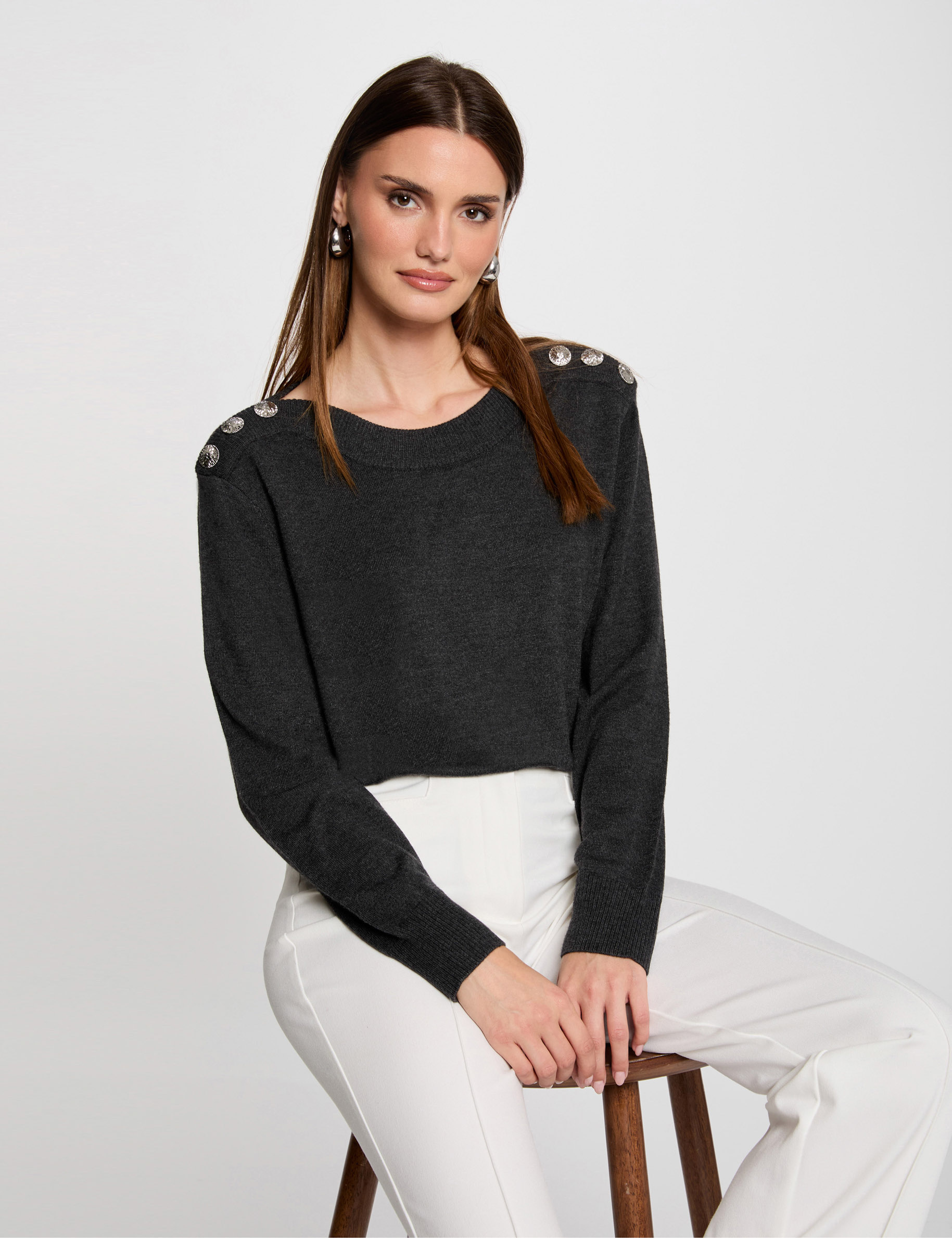 Pull col bateau avec boutons gris anthracite femme