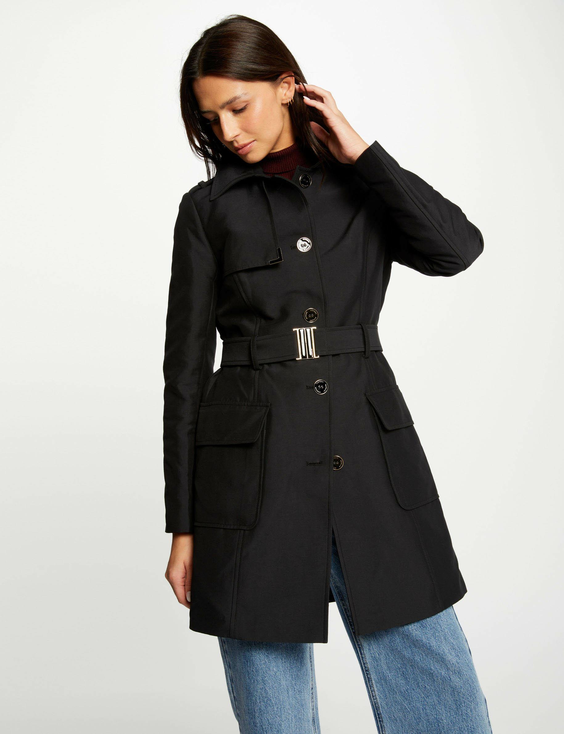 Langer Trenchcoat mit Gürtel schwarz damen