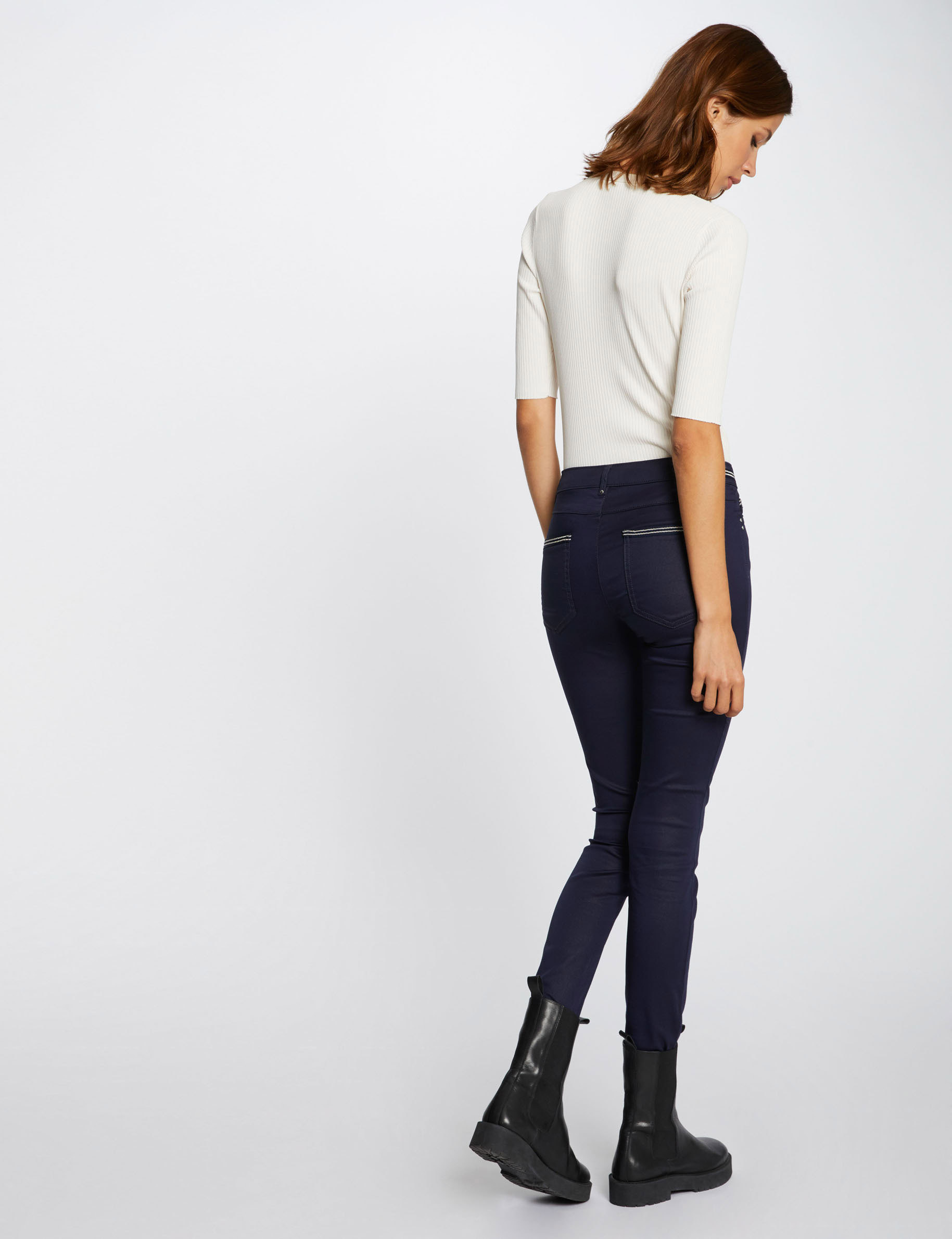 Pantalon slim enduit marine femme