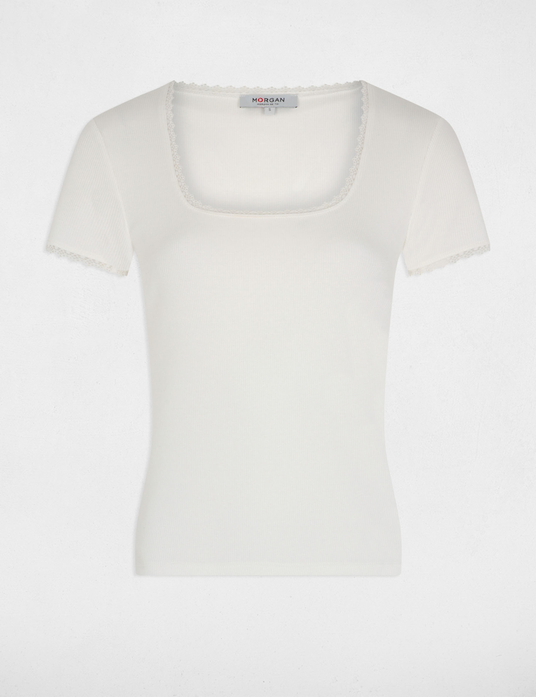 Geripptes Kurzarm-T-Shirt elfenbein damen