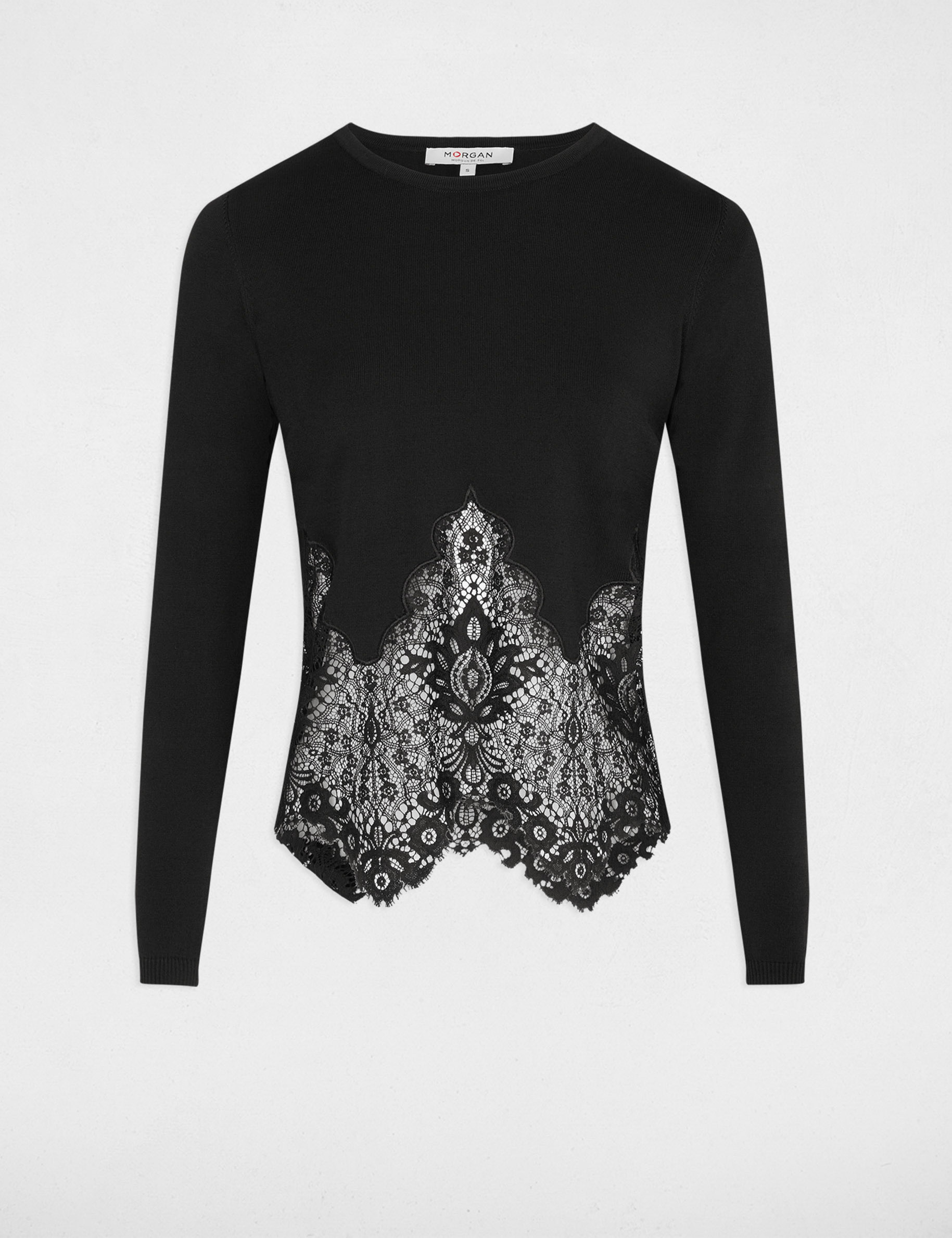 Pull col rond et dentelle noir femme