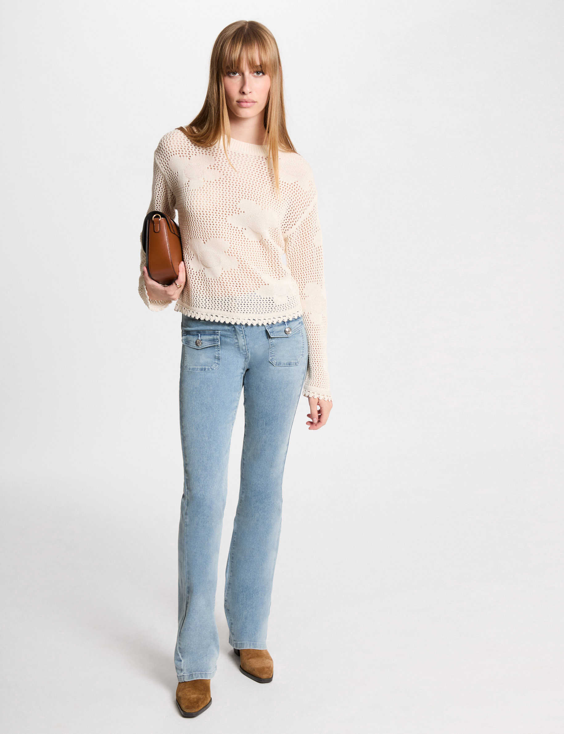 Jeans bootcut taille haute denim bleach femme