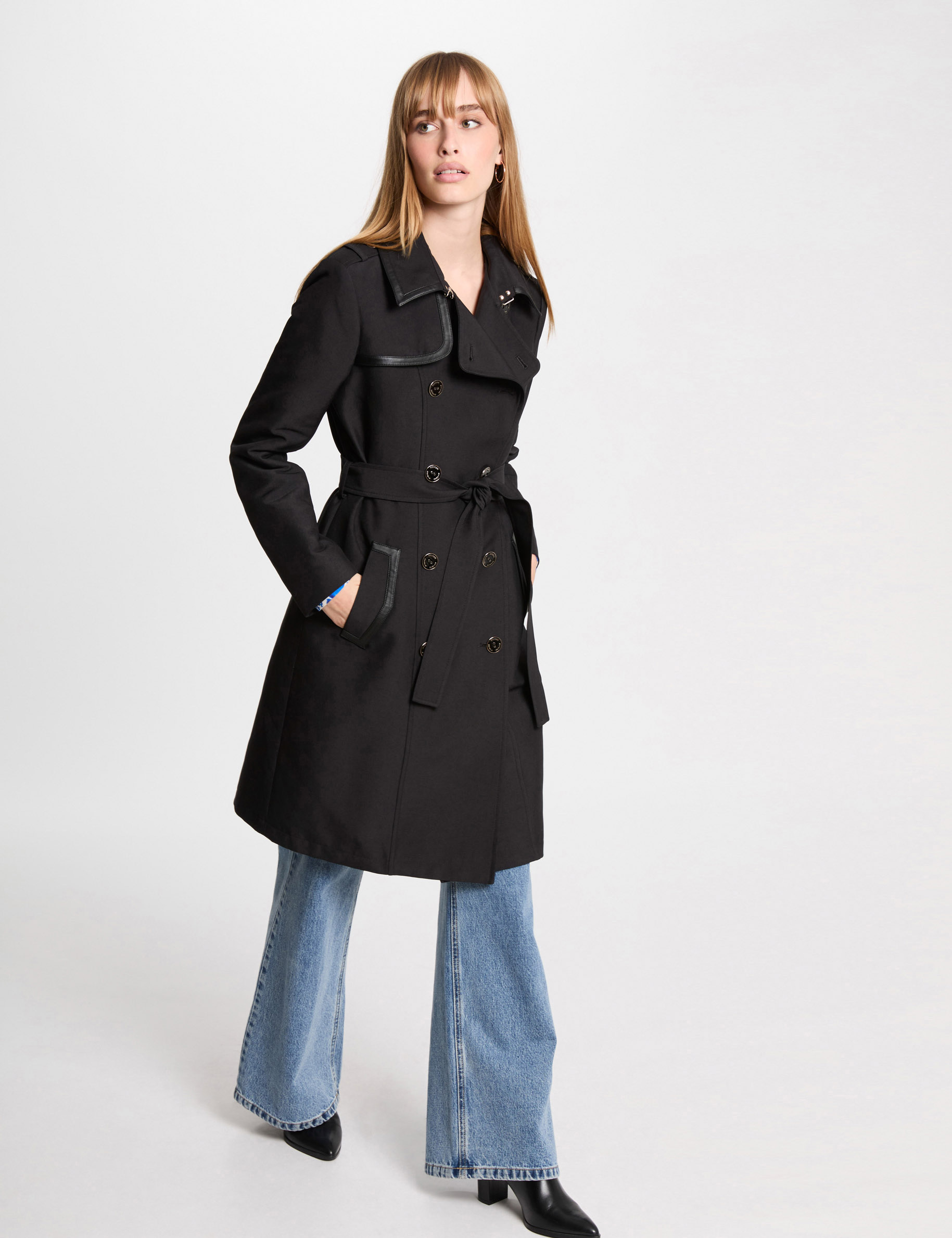 Trench long ceinturé noir femme