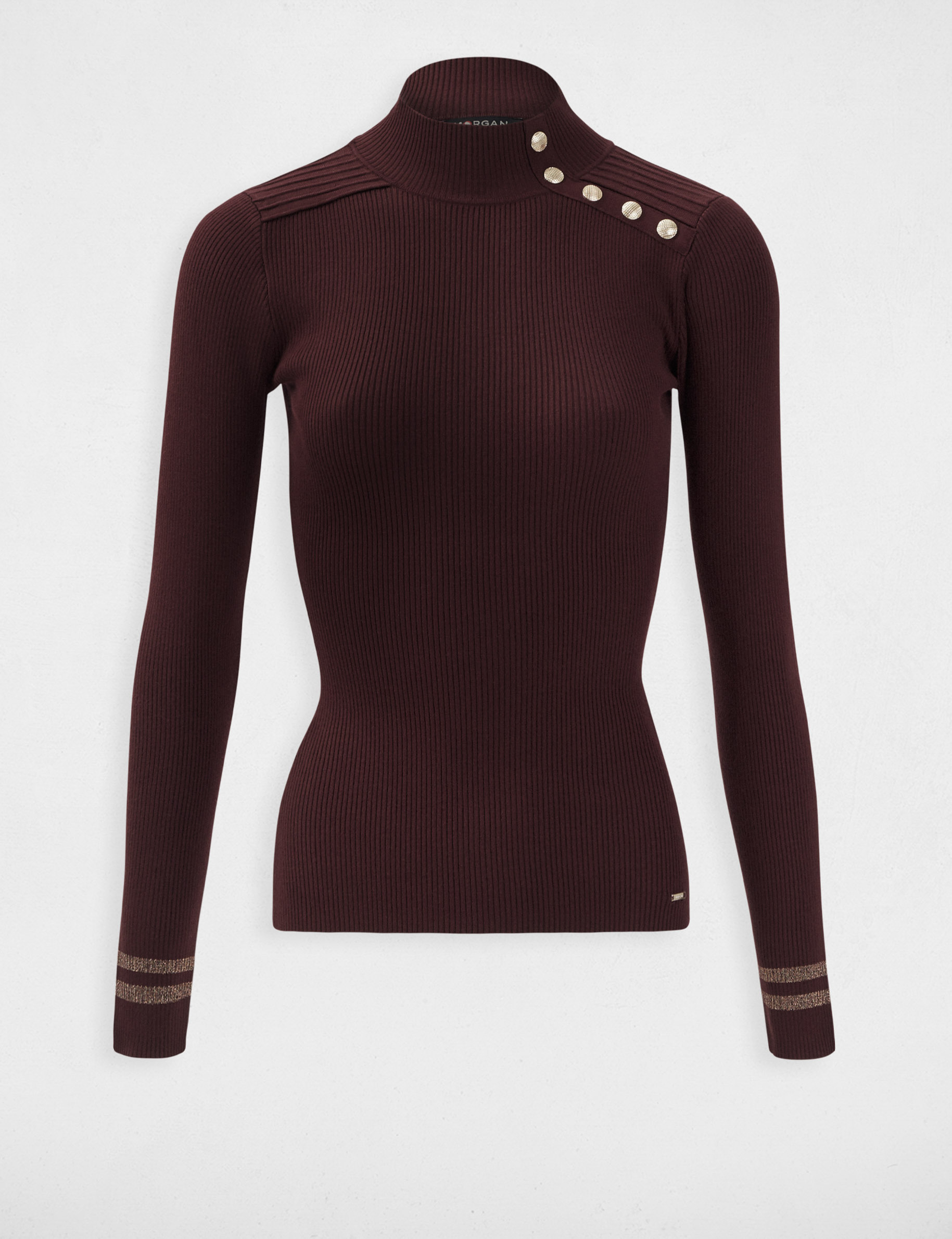 Pull manches longues avec boutons rouge vin femme