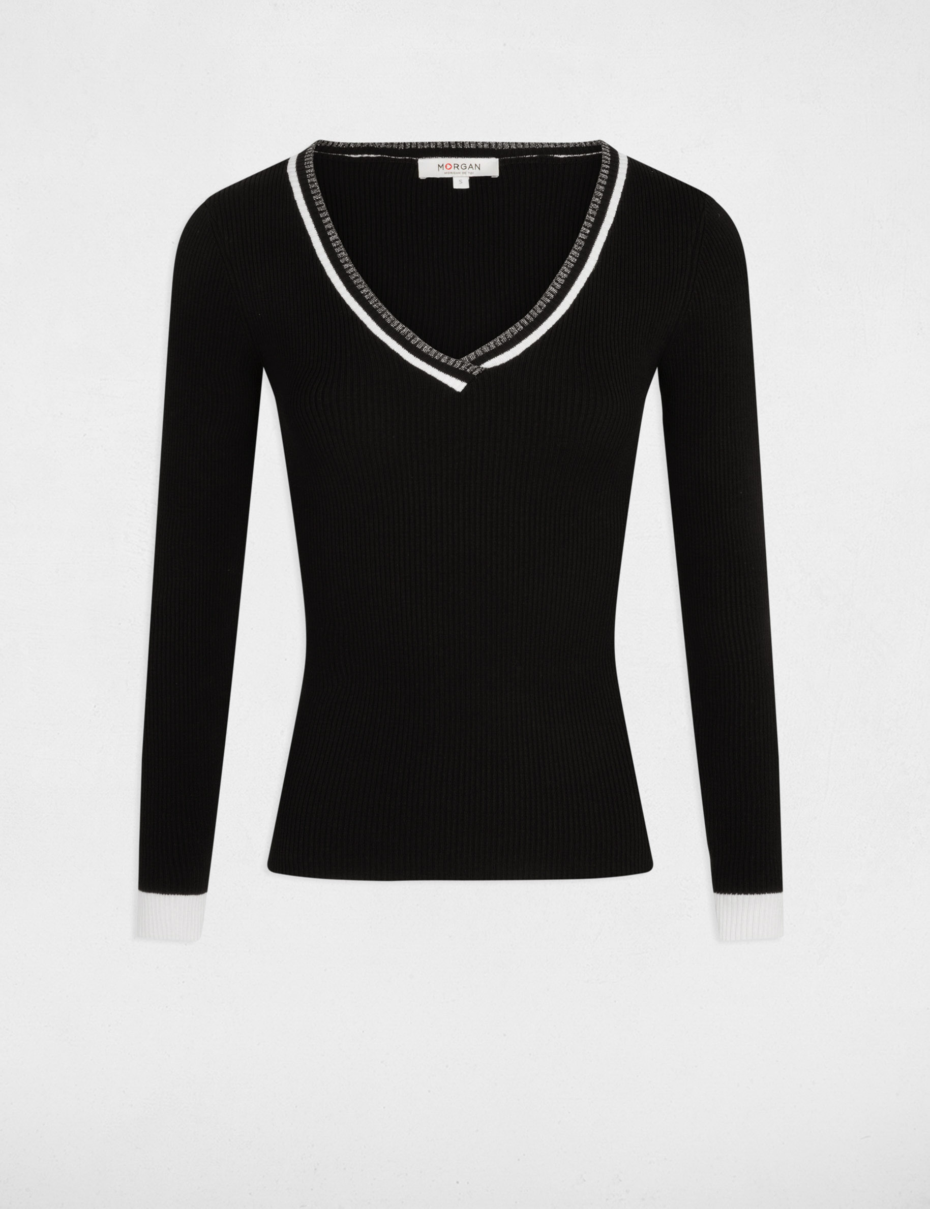 Pull manches longues col en V noir femme