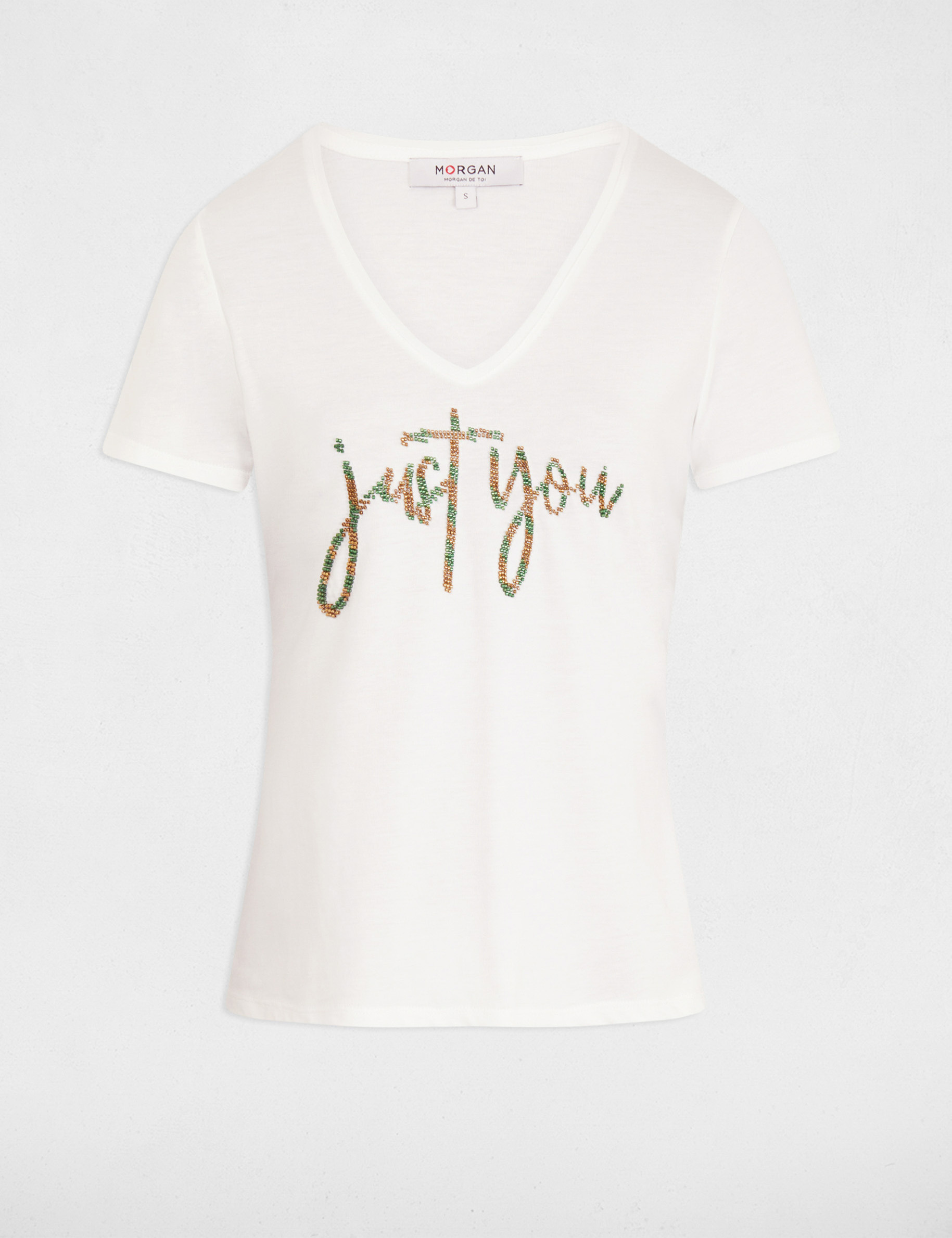 T-Shirt mit Aufschrift und Perlen naturfarben damen