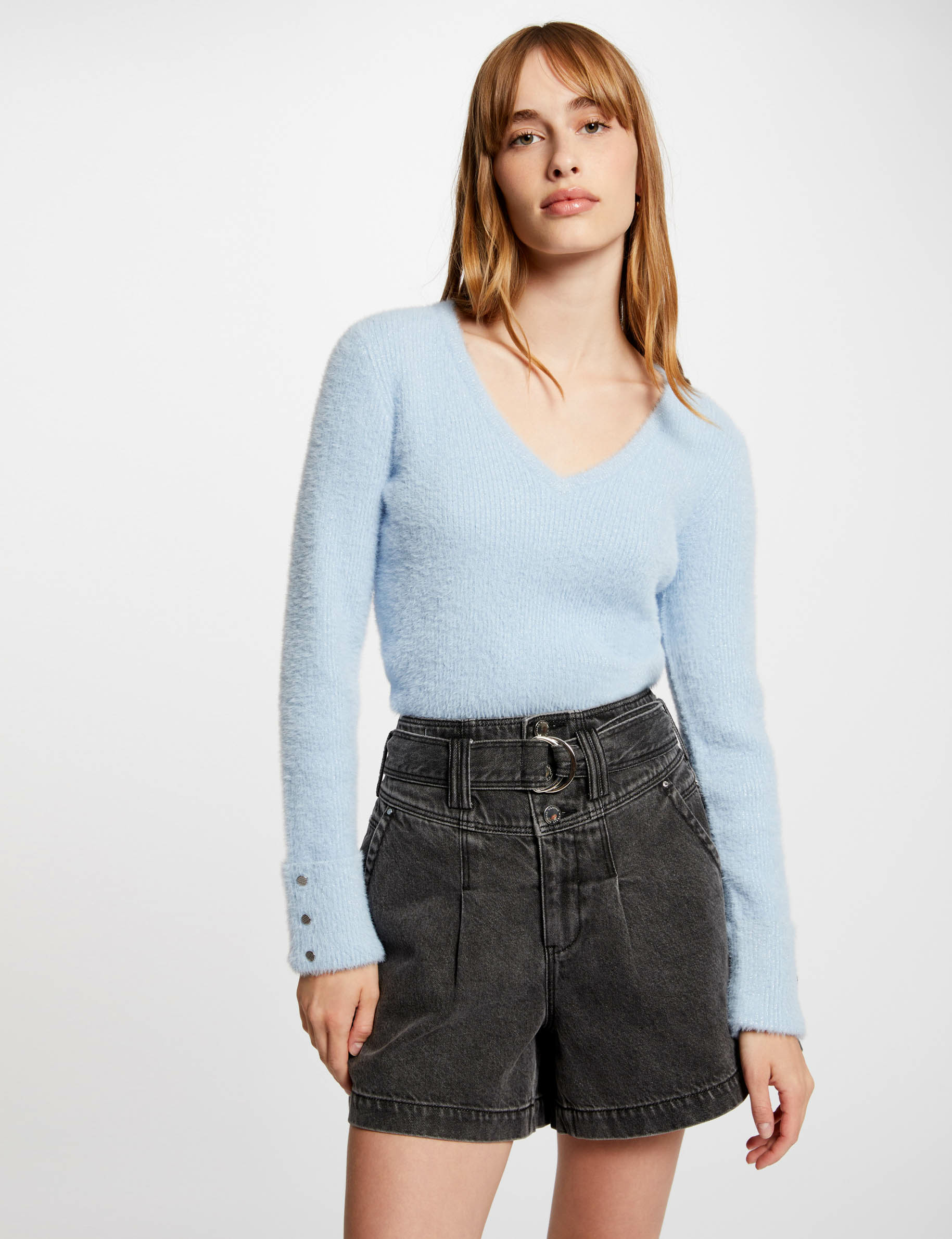 Pull manches longues avec col en V bleu femme