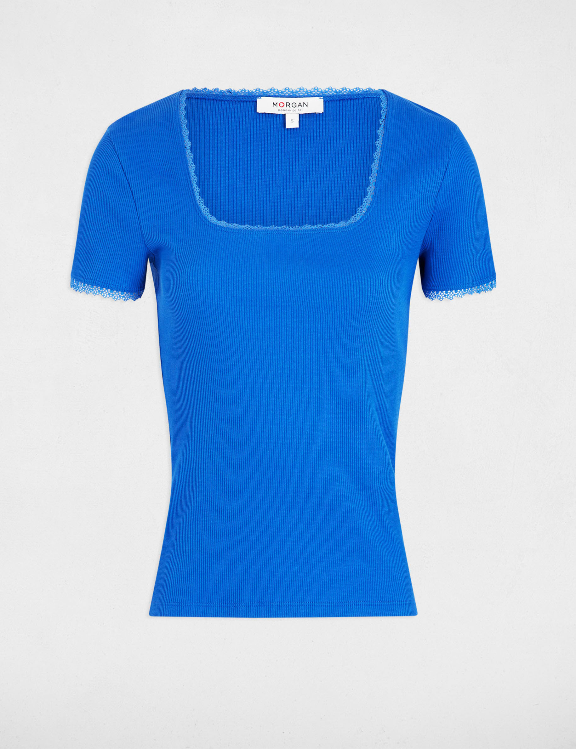 T-shirt manches courtes côtelé bleu electrique femme