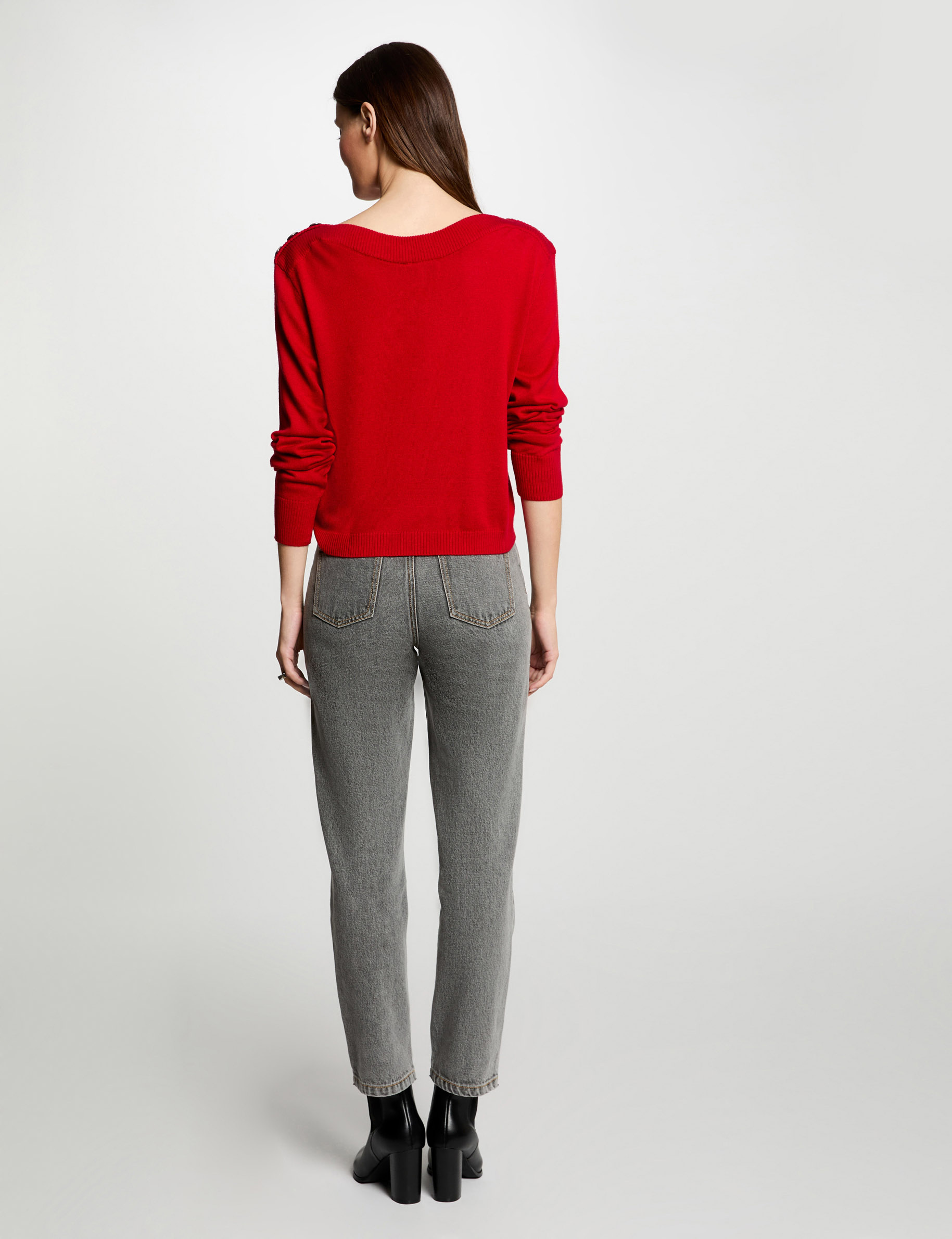 Pull col bateau avec boutons rouge femme