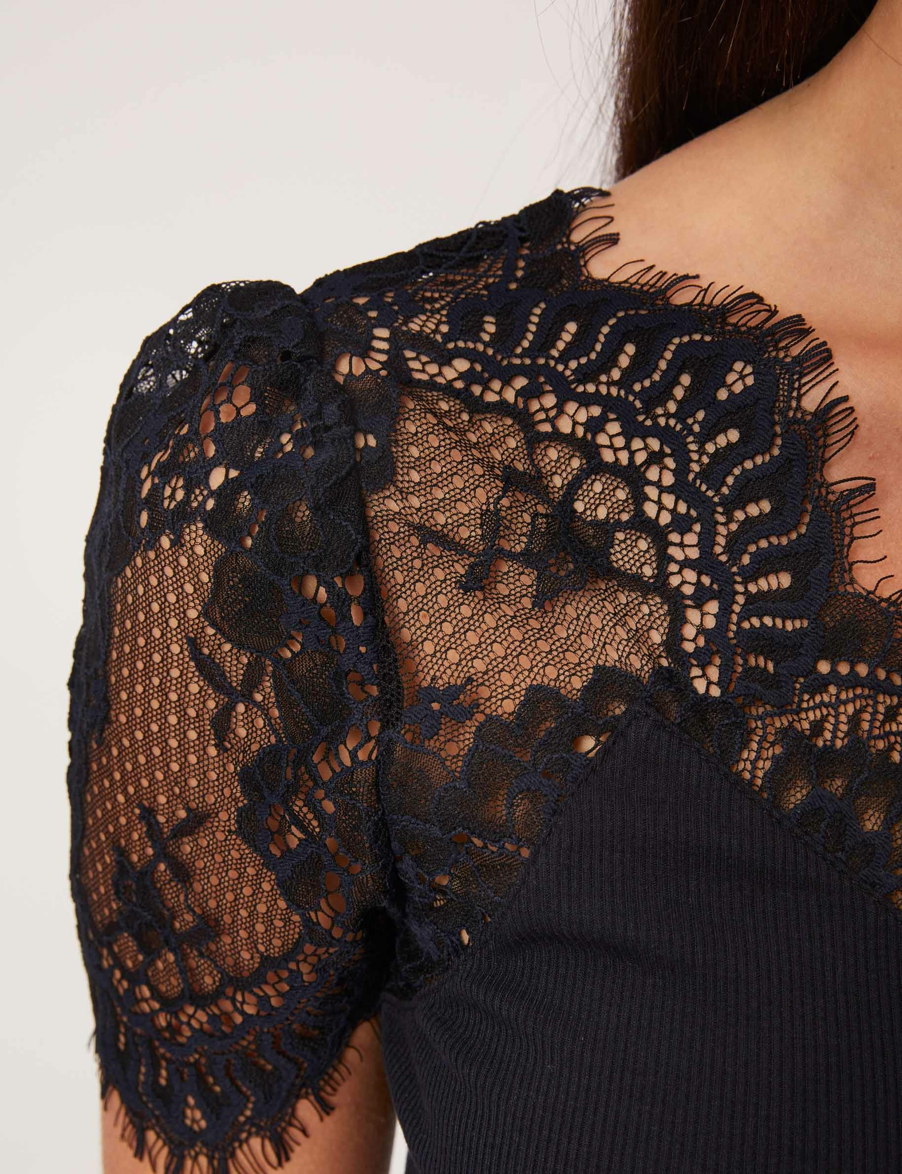 T-shirt manches courtes à dentelle marine femme