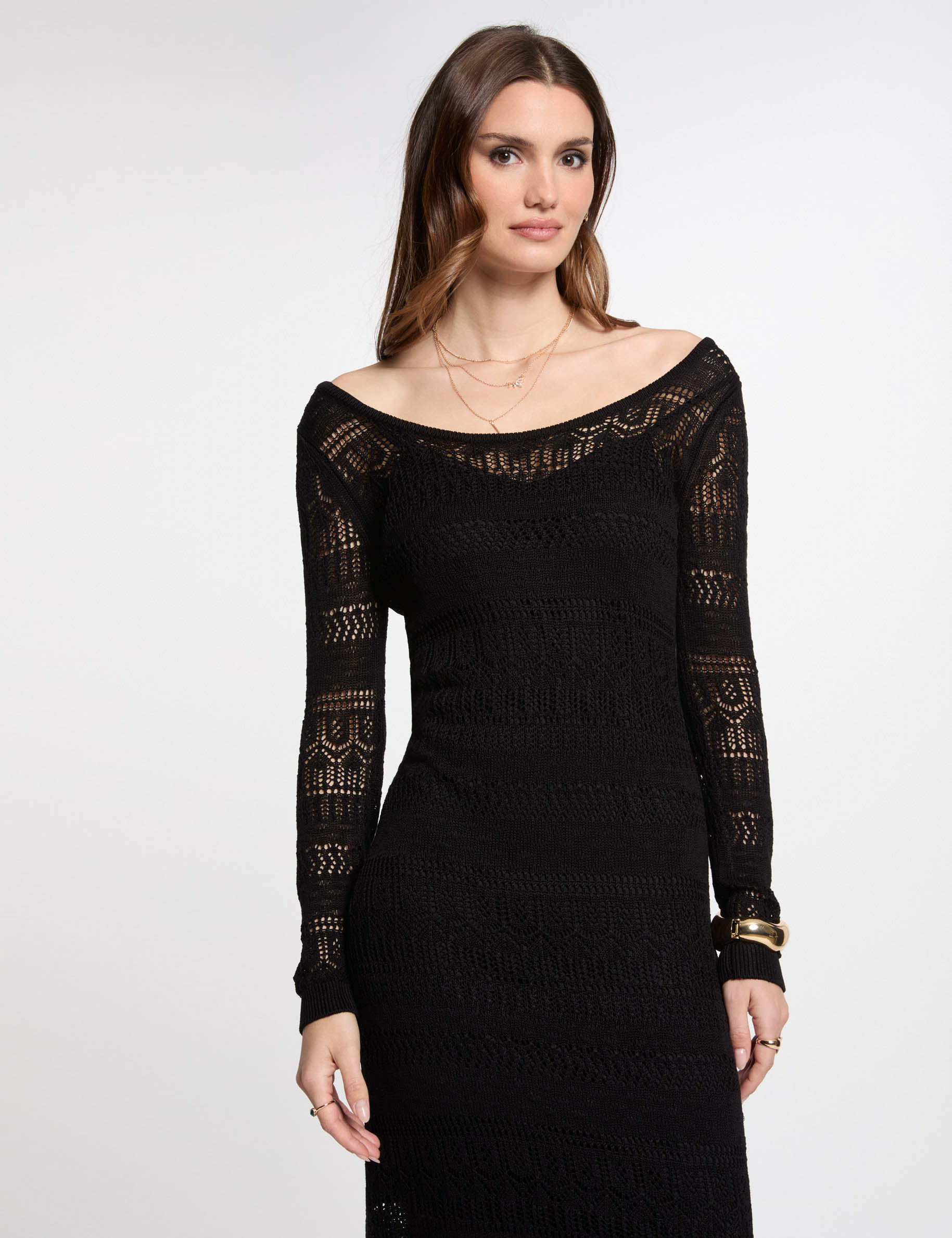 Robe tricot longue ajustée noir femme