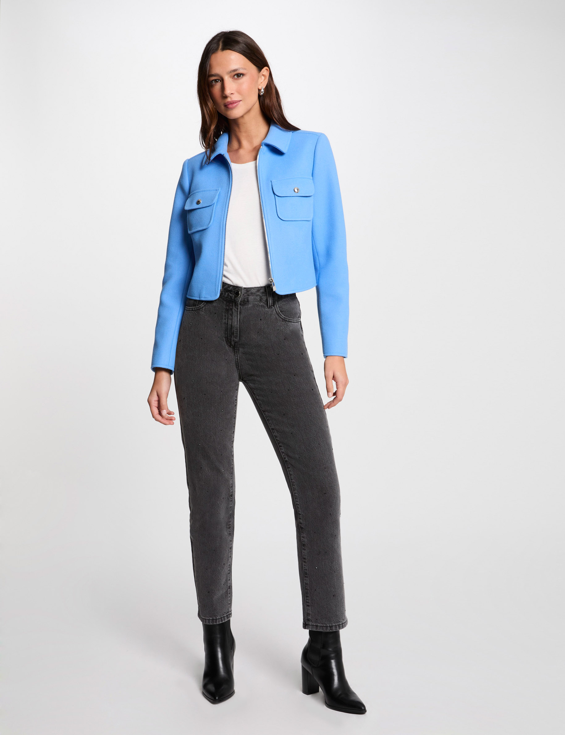 Veste courte zippée bleu femme