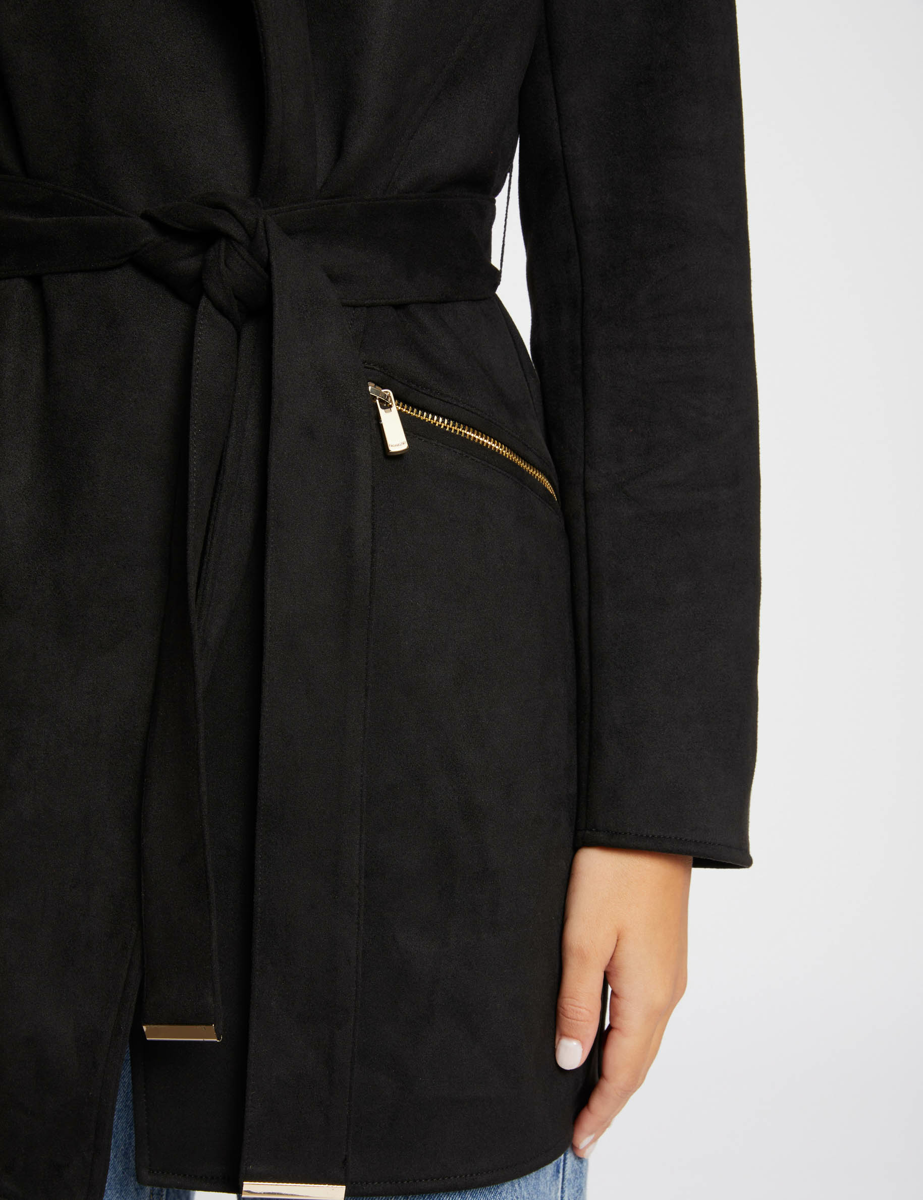 Manteau long ceinturé suédine noir femme