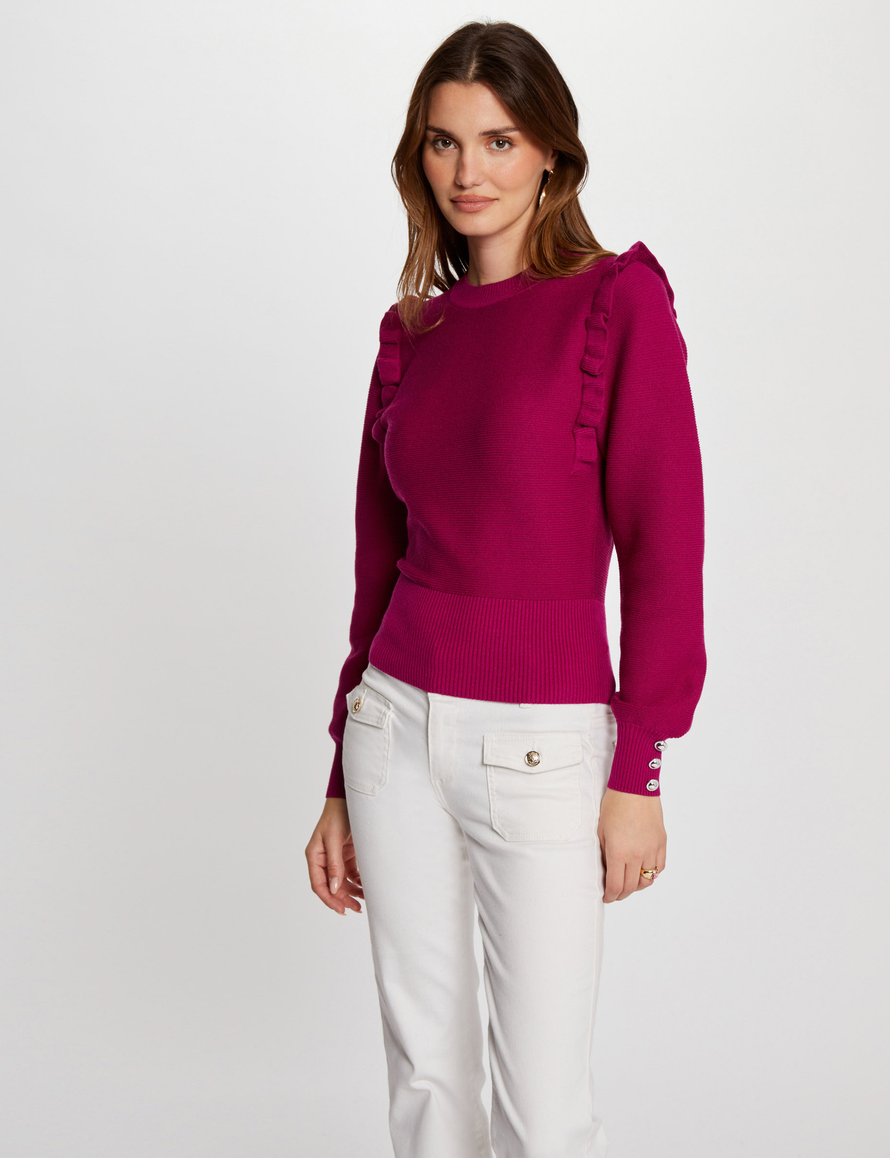 Pullover mit langen Ärmeln und Rüschen dunkelpink damen