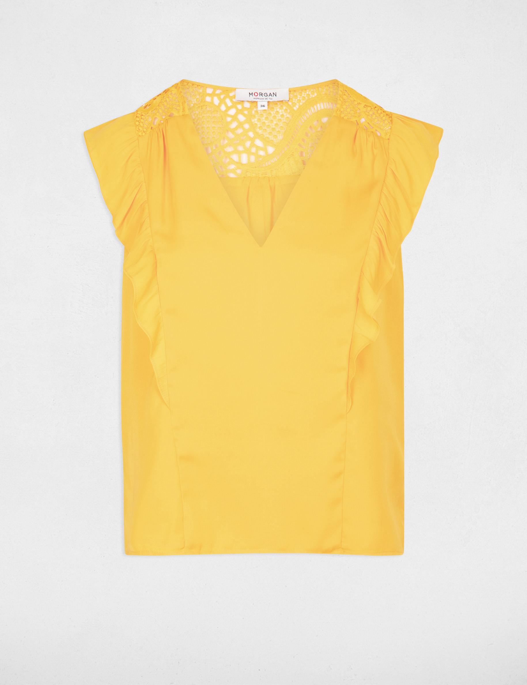 Blouse manches courtes volants ocre femme