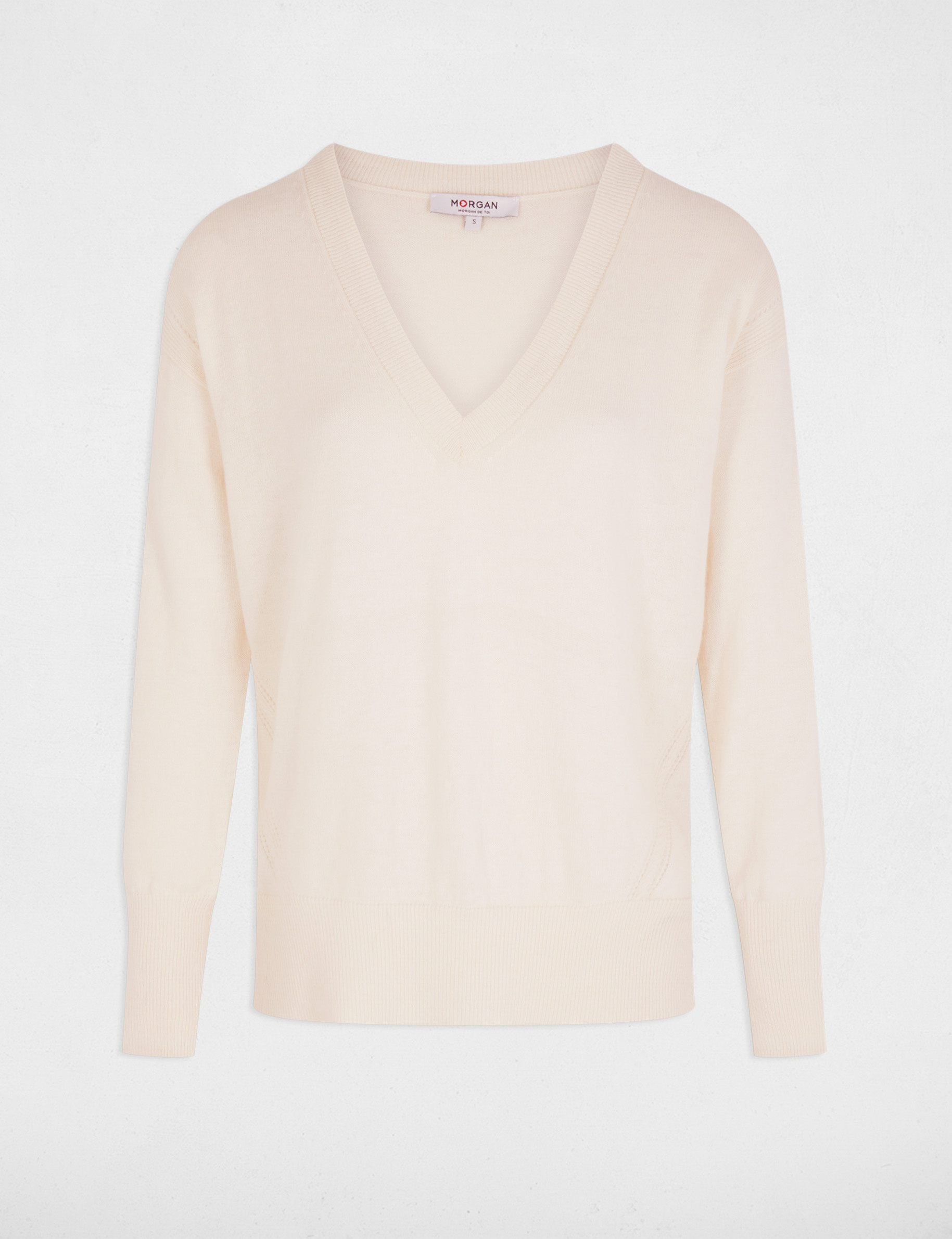 Pull col en V manches longues ivoire femme