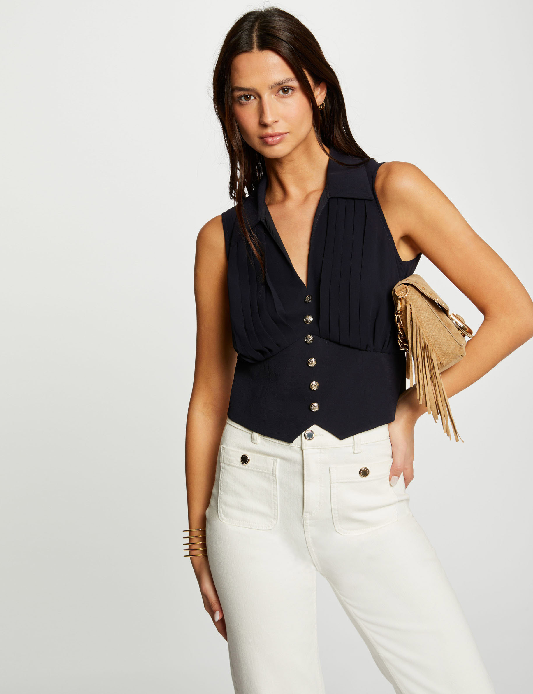 Top plissé sans manches bleu marine femme