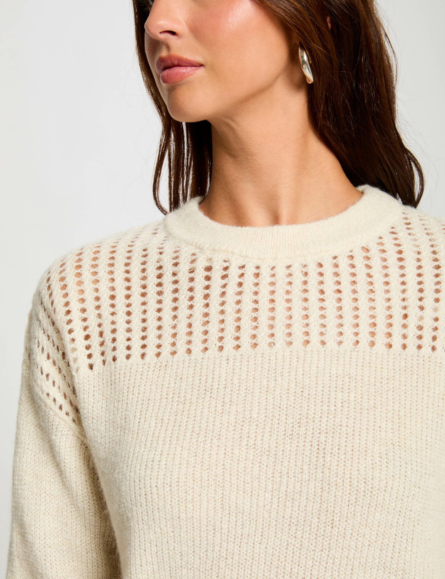 Pullover mit Rundhalsausschnitt und Durchbruchs-Details elfenbein damen